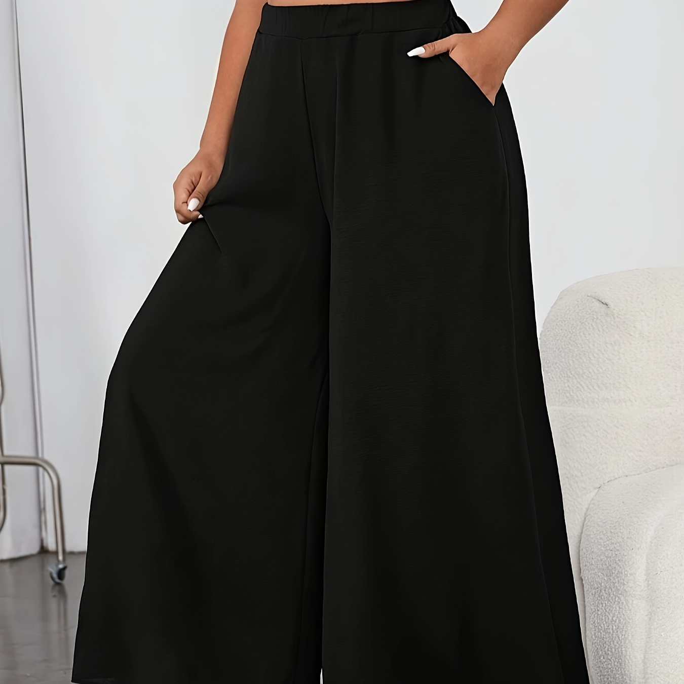 

Plus Size Solid Pocket Wide Leg Pants, Elegant High Waist Loose Pants For Spring & Summer, Women's Plus Size Clothing