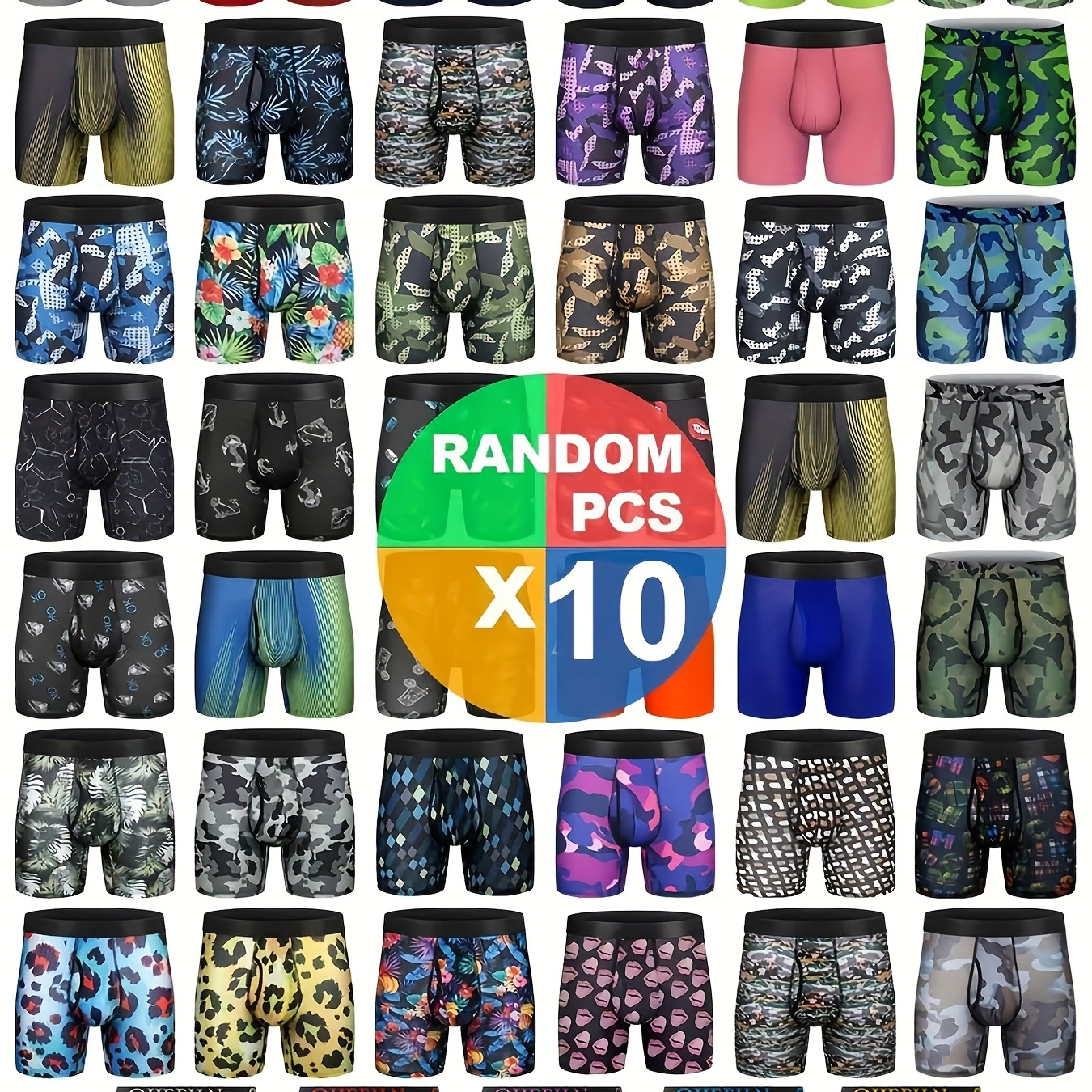 

10pcs Men's Breathable Boxer Briefs - , Non-transparent, Random Prints, Polyester & Spandex