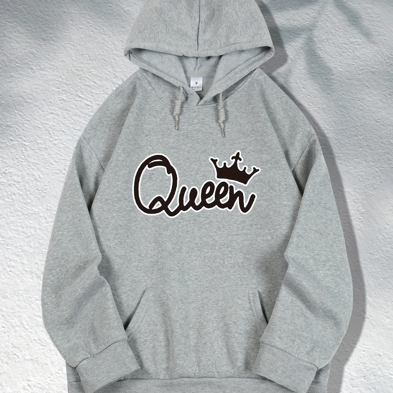 

Hoodie With Queen Letter Print And Drawstring, Women's Sports Kangaroo Pullover Sweatshirt, Casual & Comfortable