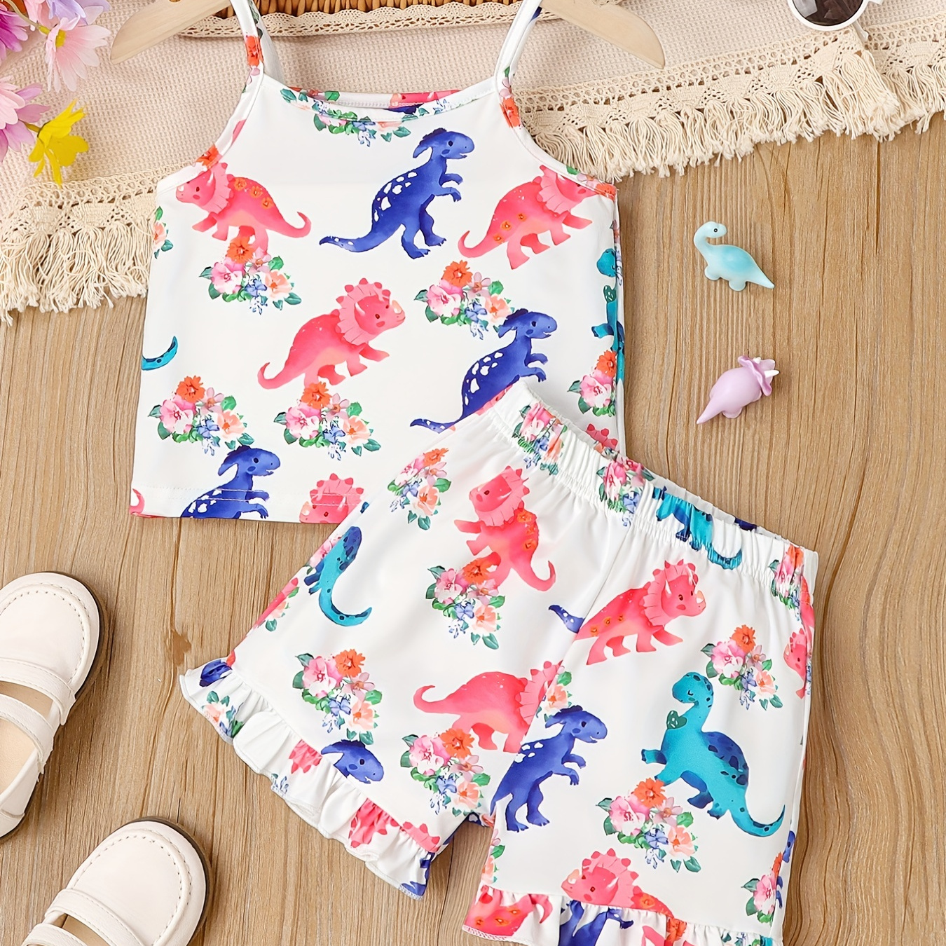 

Girl's Cute Little Dinosaur Print Tank Top + Frilled Shorts Set, Kids Summer Outfits
