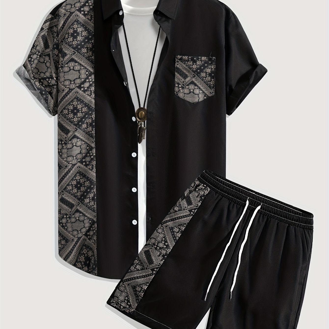 

Men's Outfit, Casual Geometric Print Lapel Short Sleeve Button Up Shirt With Chest Pocket & Drawstring Shorts 2-piece Co Ord Set For Outdoor Activities