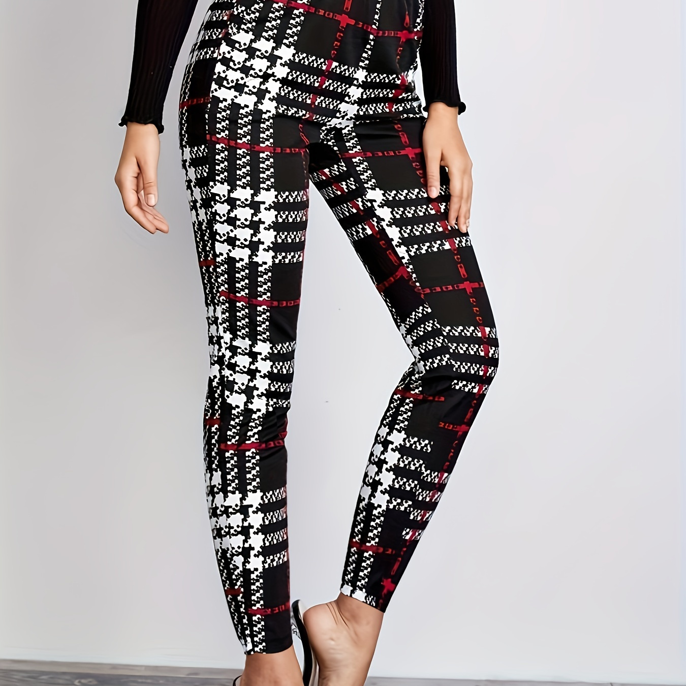 

Women's Casual Leggings, Plus Size Plaid Pattern High Waist Medium Stretch Leggings