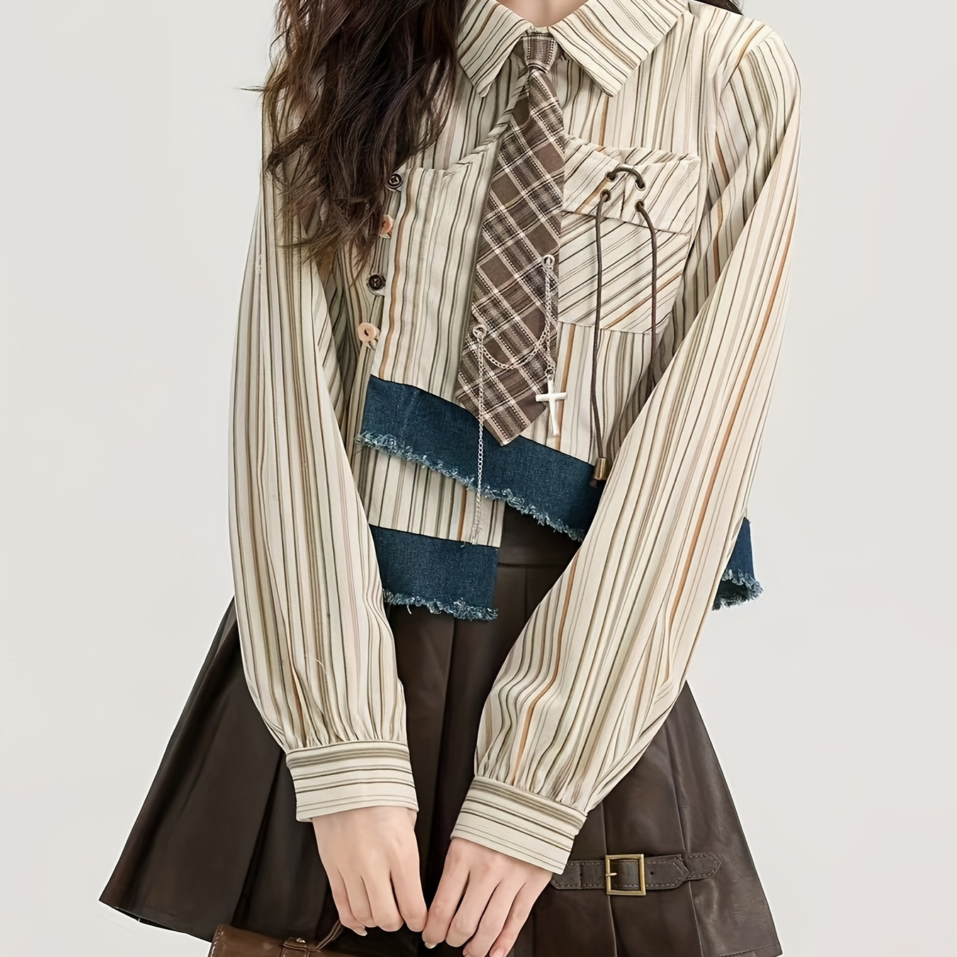 

Women's Long Sleeve Striped Shirt, Vintage Barn Style, Solid Color, Lapel Collar, Button Detail, Woven Shirting(without )