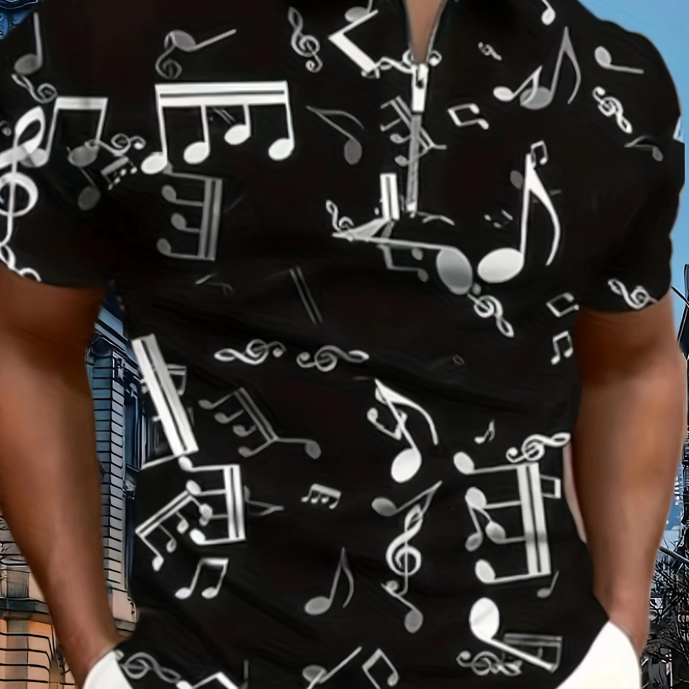 

Men's Casual Music Note Print Silk Golf Shirt, Short Sleeve V-neck T-shirt, Fashionable Summer Wear, Regular Fit