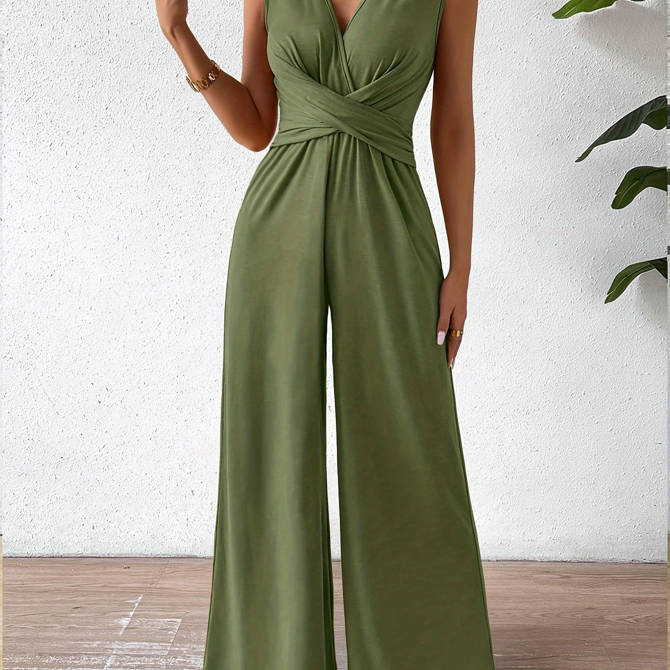 

Front V-neck Solid Jumpsuit, Casual Sleeveless Wide Leg Jumpsuit For , Women's Clothing