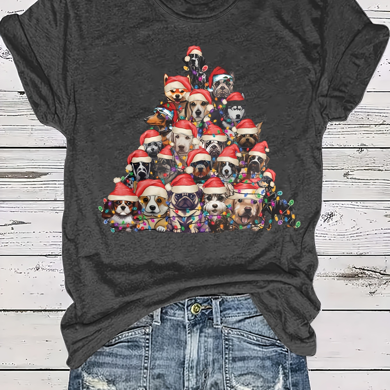 

Dog Christmas Tree Neck T-shirt, Short Sleeve Casual Top For Summer & Spring, Women's Clothing