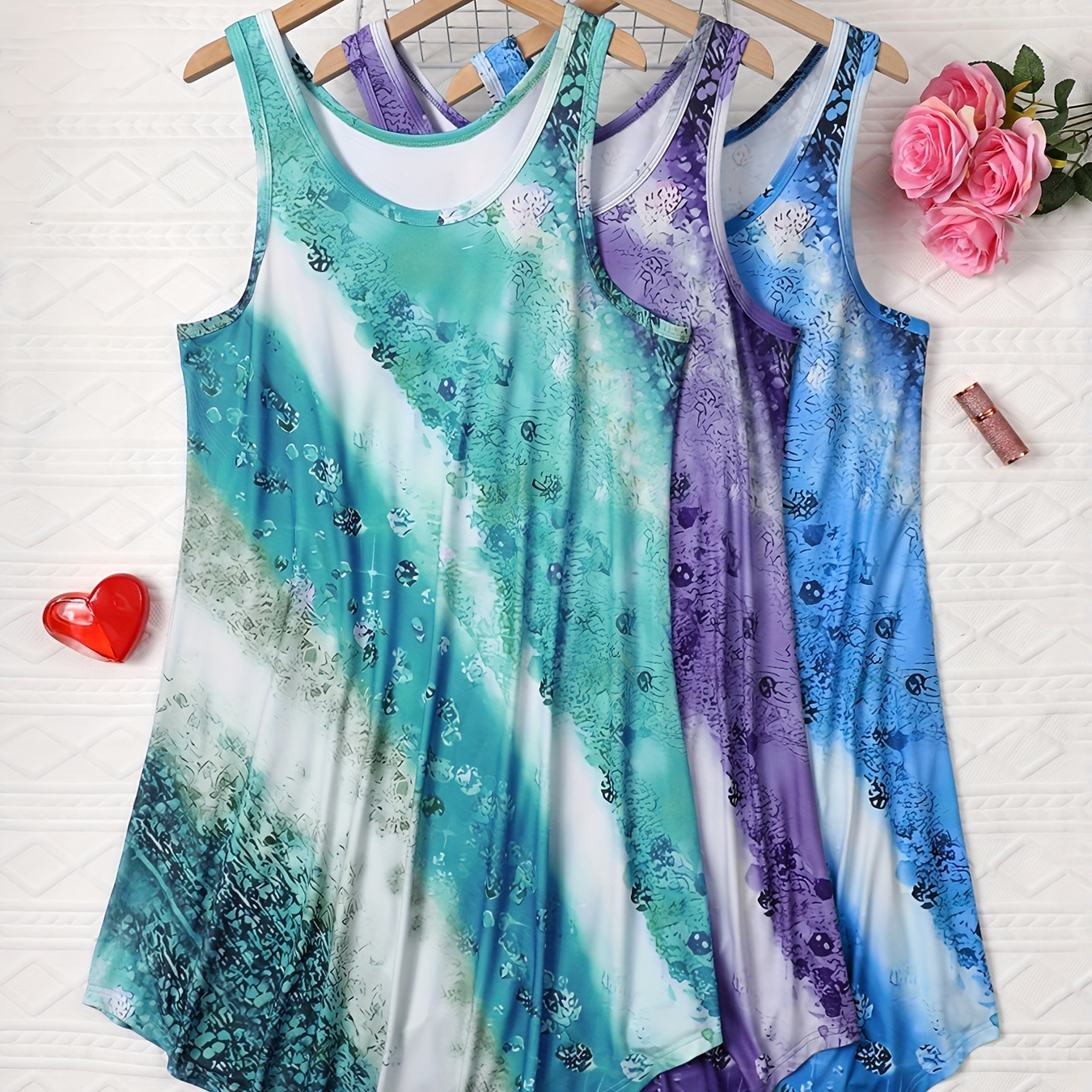 

3pcs Plus Size Women's Sleeveless Sleep Dresses - Casual & Comfy, Floral & Ombre Prints, Stretchy Polyester , Machine Washable Nightgowns, Plus Size Clothing