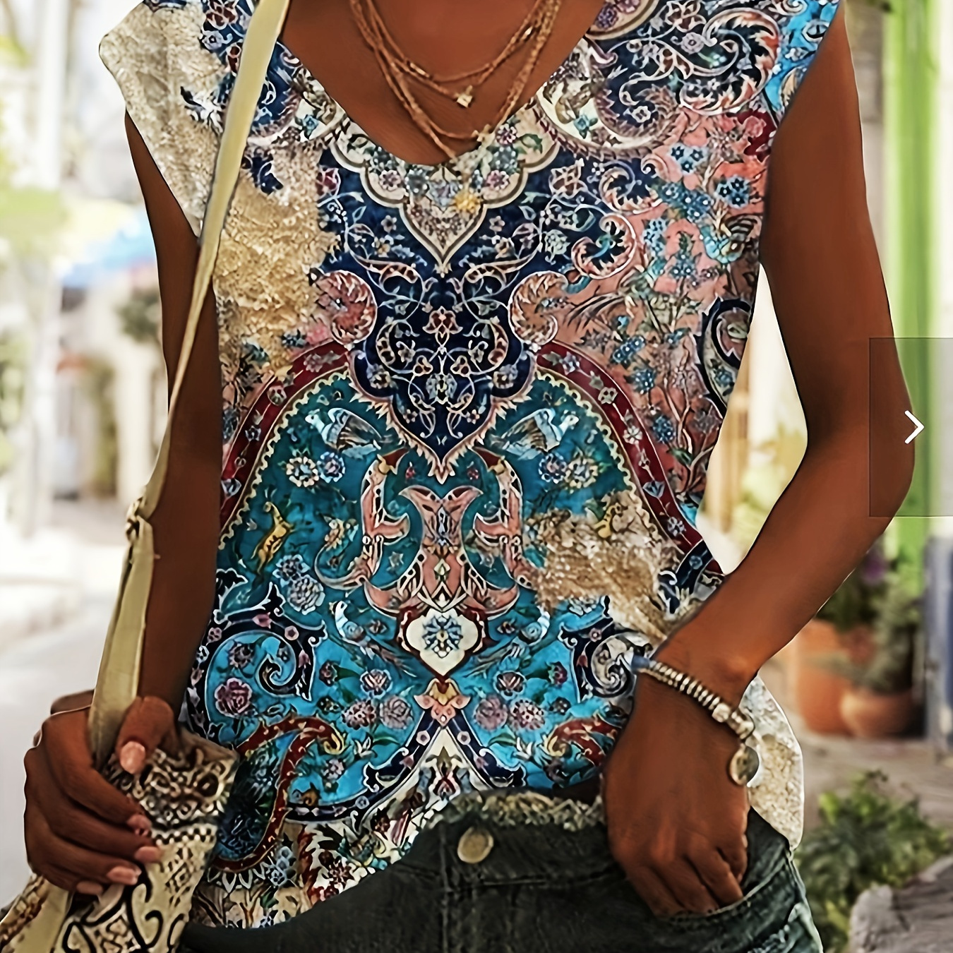 

Ethnic Floral Print V Neck Tank Top, Casual Sleeveless Top For Spring & Summer, Women's Clothing