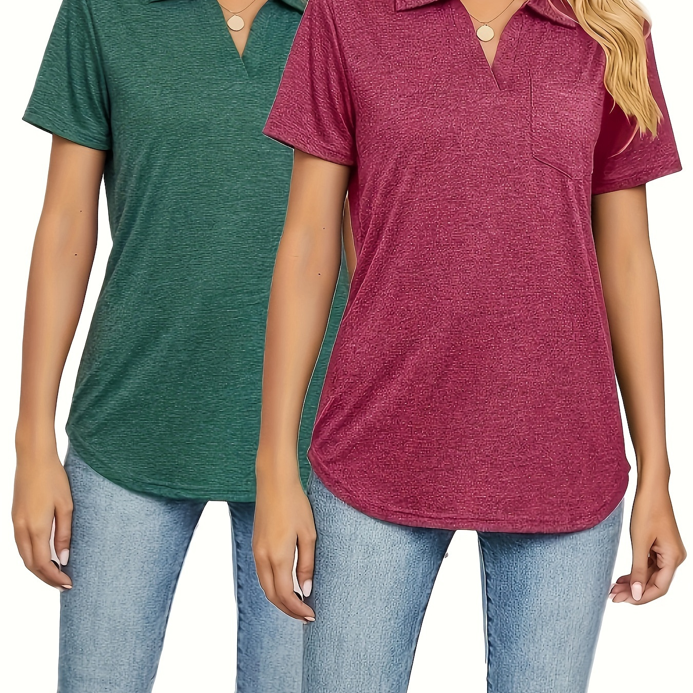 

2 Packs Plus Size Solid Collared T-shirts, Casual Short Sleeve Pocket T-shirt, Women's Plus Size clothing