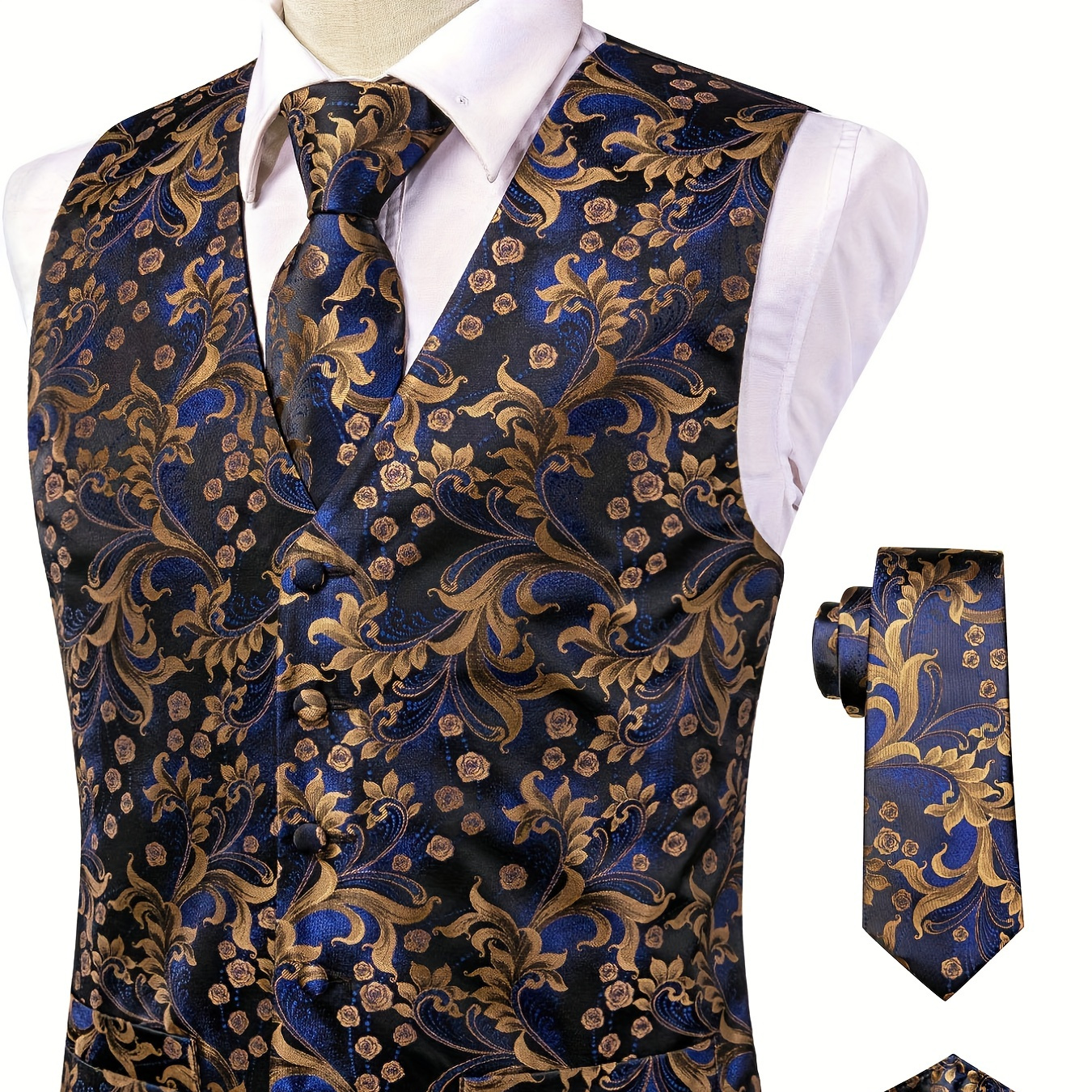 Plus Size Men's V-Neck Jacquard Suit Vest Fashion Formal Slim Fit Business Dress Vest Waistcoat With Cufflinks Necktie Hanky In Blue