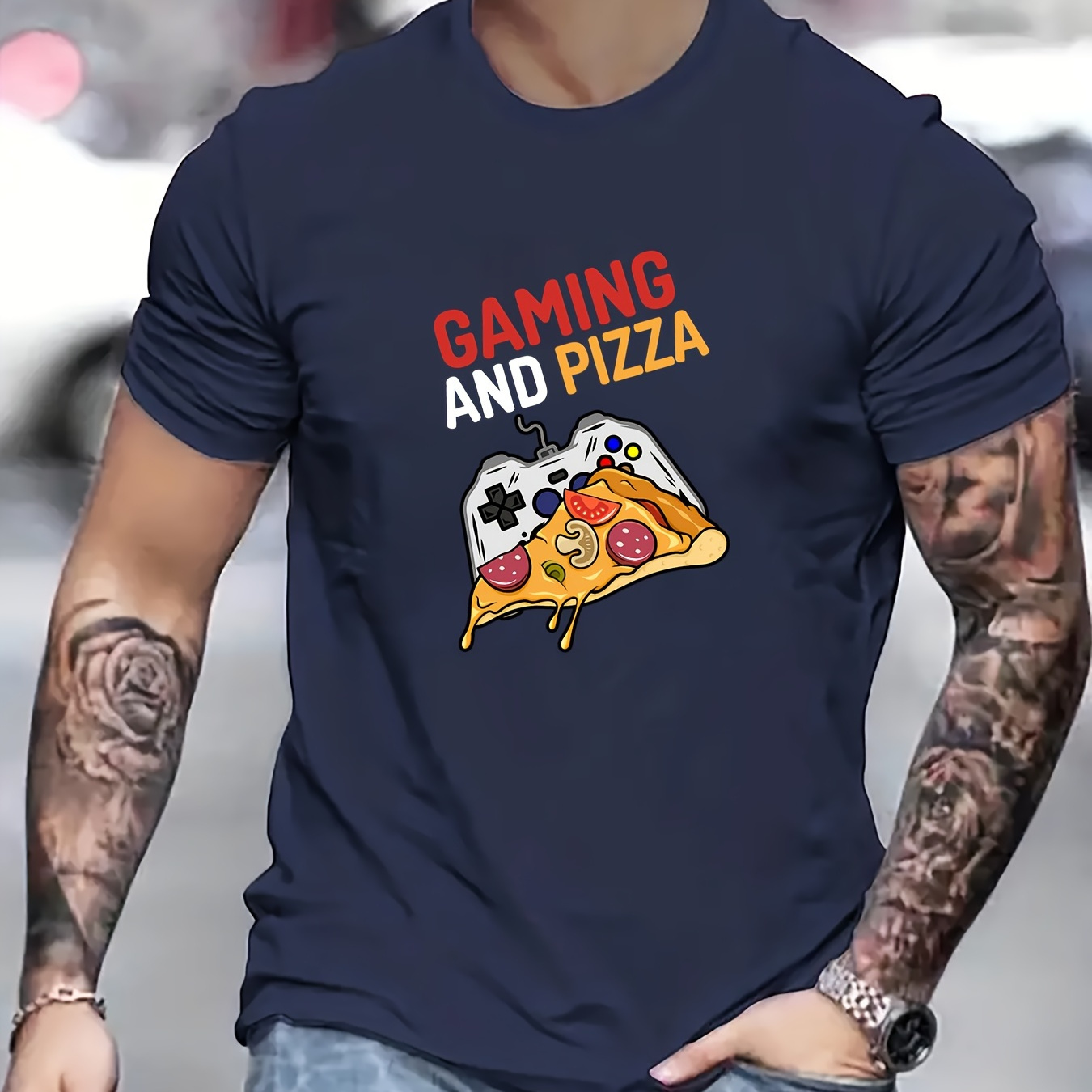 

Gaming And Pizza Print T Shirt, Tees For Men, Casual Short Sleeve T-shirt For Summer