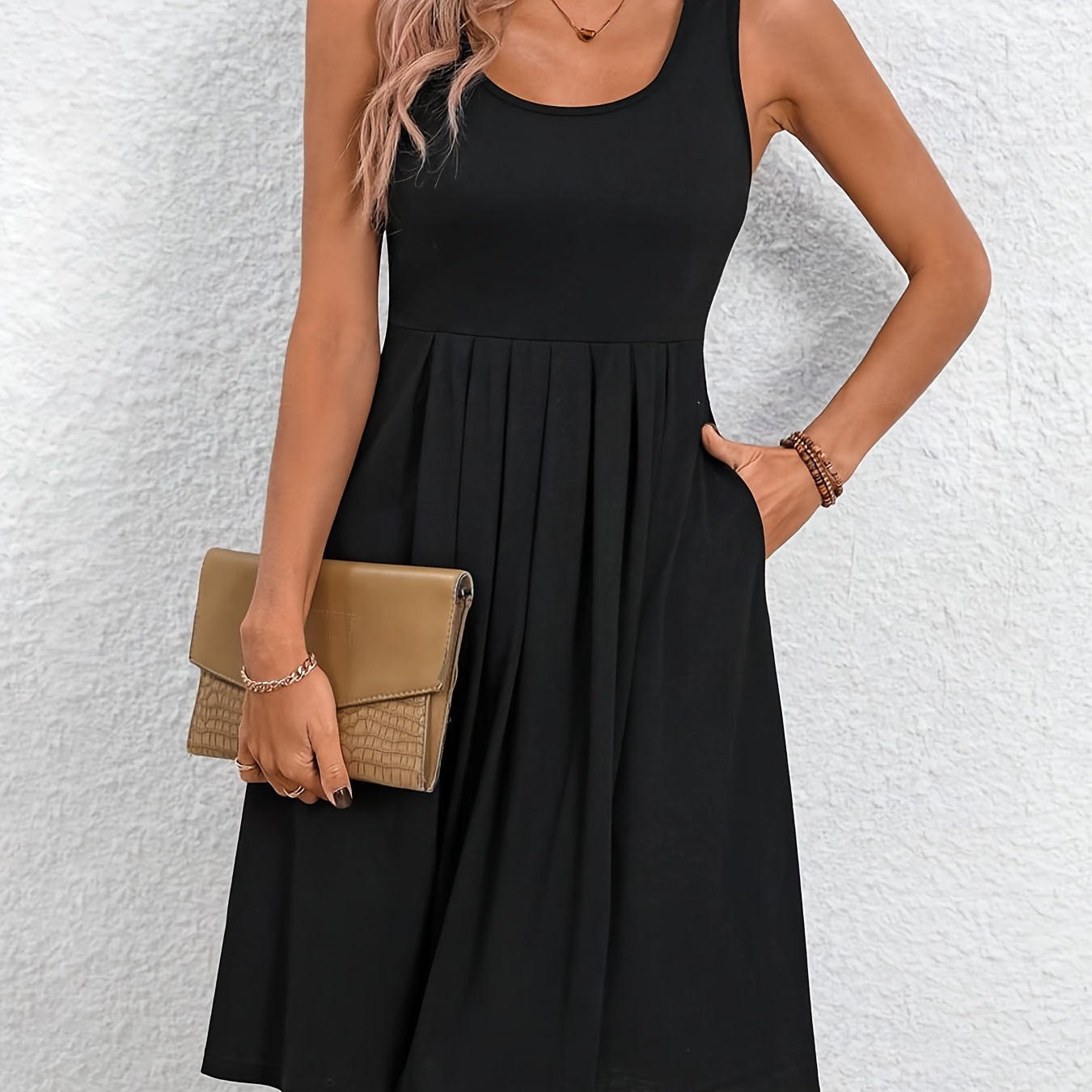 TEMU Solid Color Crew Neck Tank Dress, Casual Sleeveless Ruched Pockets Dress For, Women's Clothing