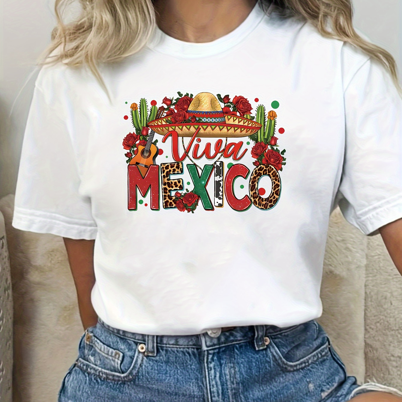 

Vintage Style Polyester T-shirt For Women - Crew Neck, Geometric Pattern, Regular Fit, Summer Knit Fabric Tee With "viva Mexico" Print