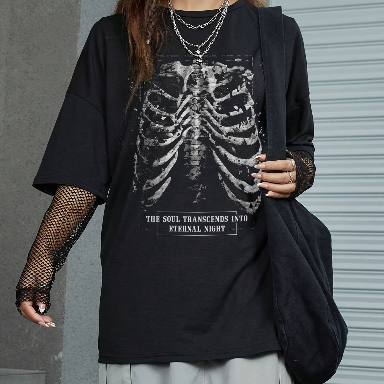 

Skull Print Drop Shoulder T-shirt, Short Sleeve Crew Neck Casual Top For , Women's Clothing