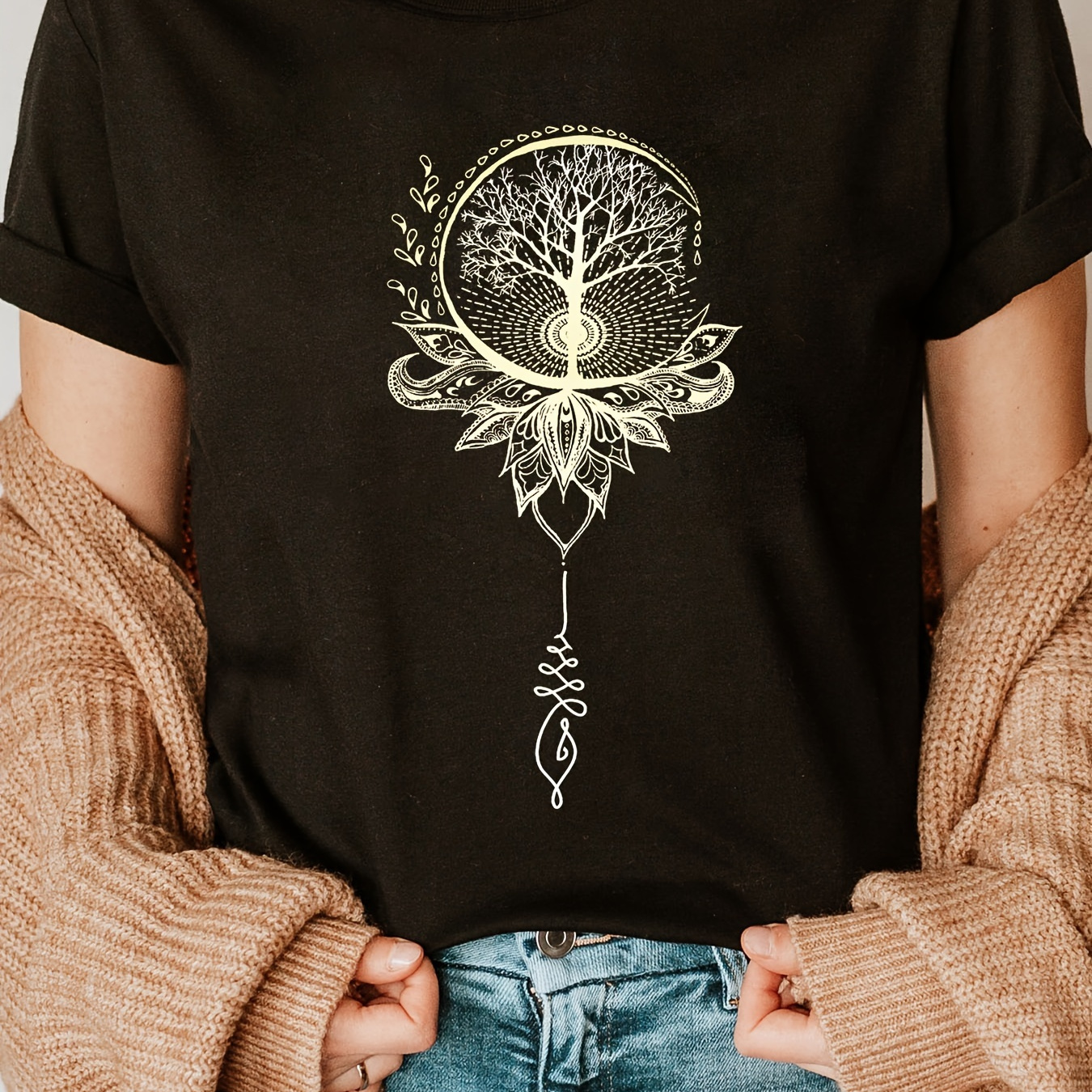 

Mandala Lotus Print Crew Neck T-shirt, Short Sleeve Casual Top For Summer & Spring, Women's Clothing