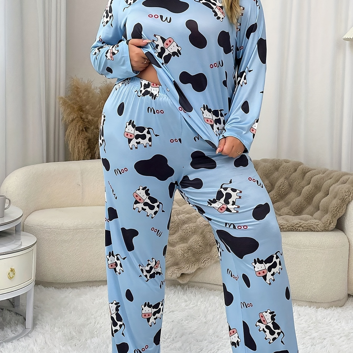 

Plus Size Cow Print Pajama Set For Women - Casual Crew Neck Long Sleeve Top With Long Pants - Cozy Stretch Polyester Knit Adult Sleepwear With Cartoon Pattern - Loungewear