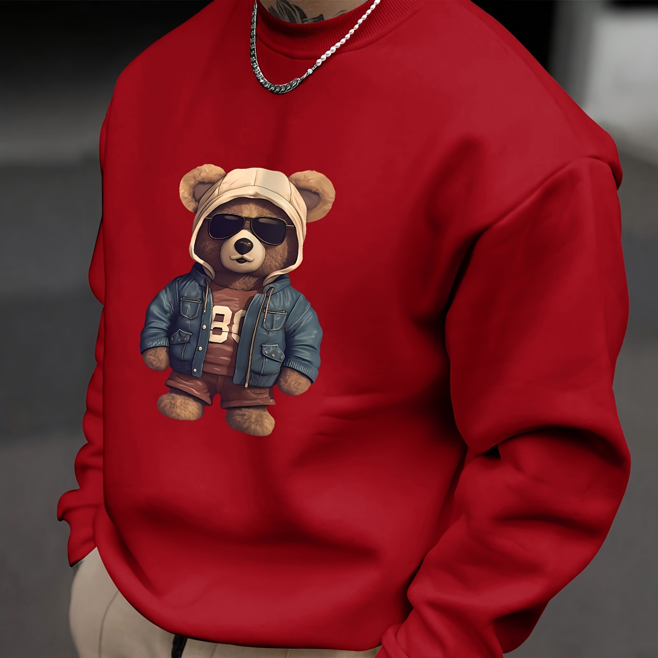 

Men's Casual Polyester Sweatshirt With Creative Teddy Bear Print - Crew Neck, Loose Fit, Stretch, Knit Fabric, Long Sleeve Pullover