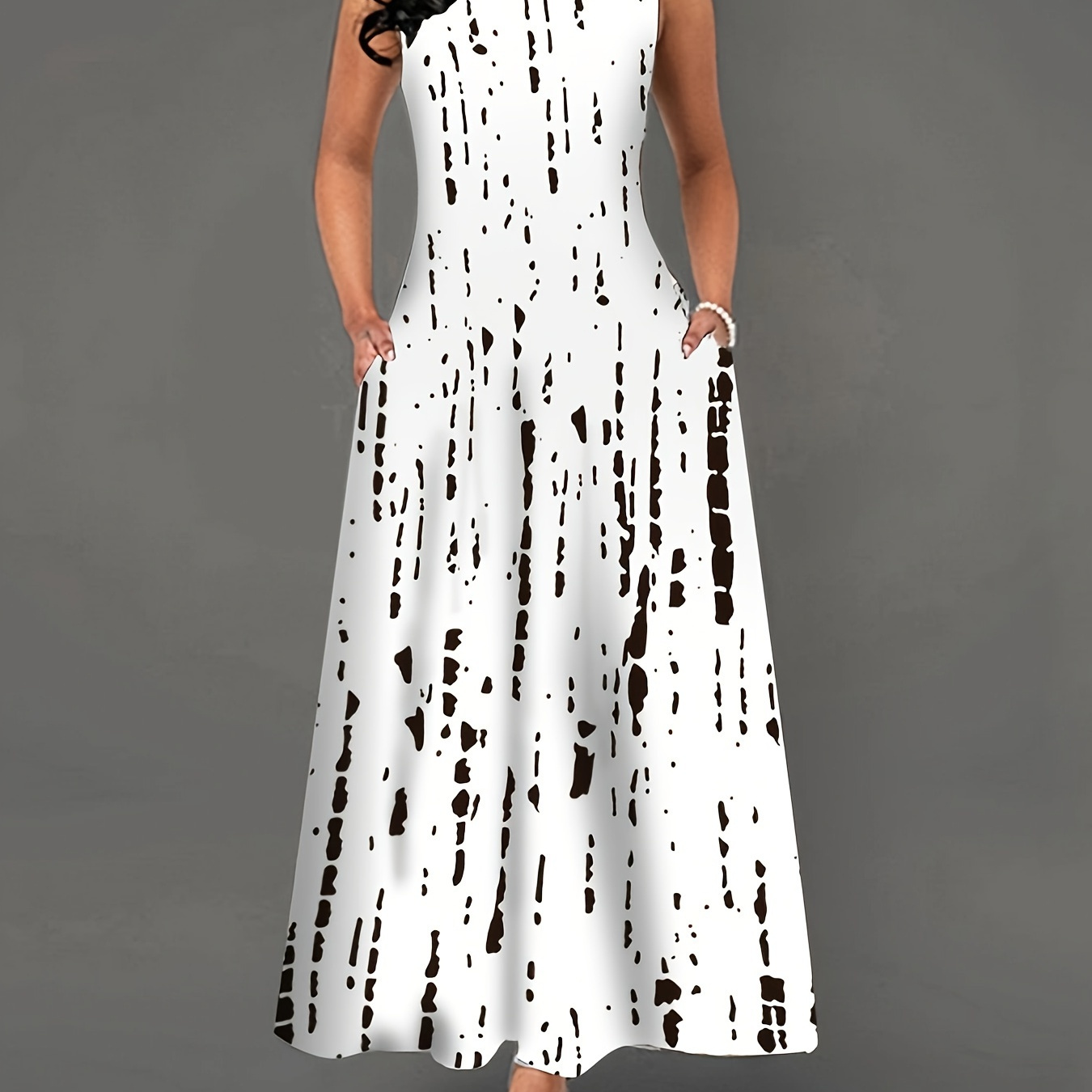

Abstract Print Midi Dress, Elegant Keyhole Sleeveless Dress, Women's Clothing
