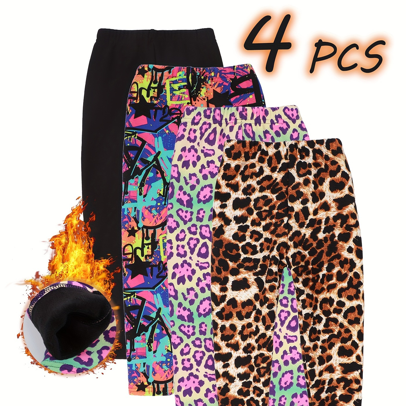 

4pcs Girls Leopard-style Trendy Soft Fleece-lined Elastic Leggings Pants For Autumn And Winter