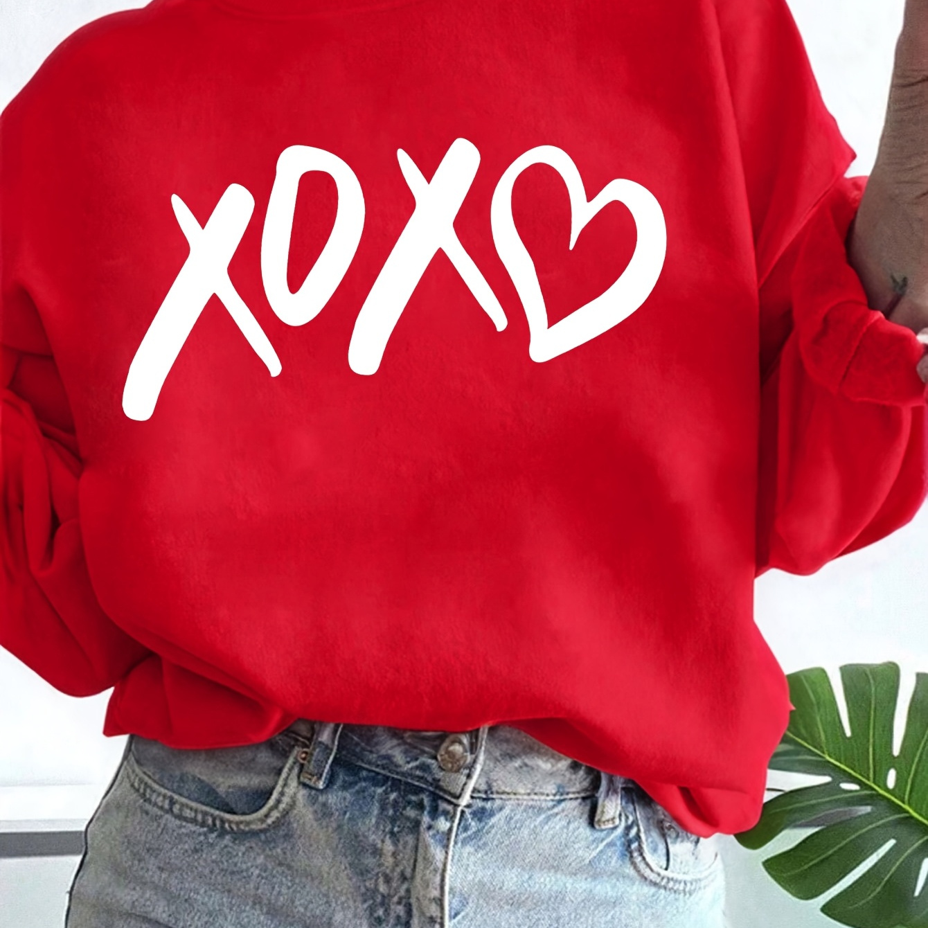 

Heart Applique Crew Neck Sweatshirt, 100% Polyester Casual Long Sleeve Fashion Pullover For Women, Valentine's Day Winter Slogan Sweatshirt