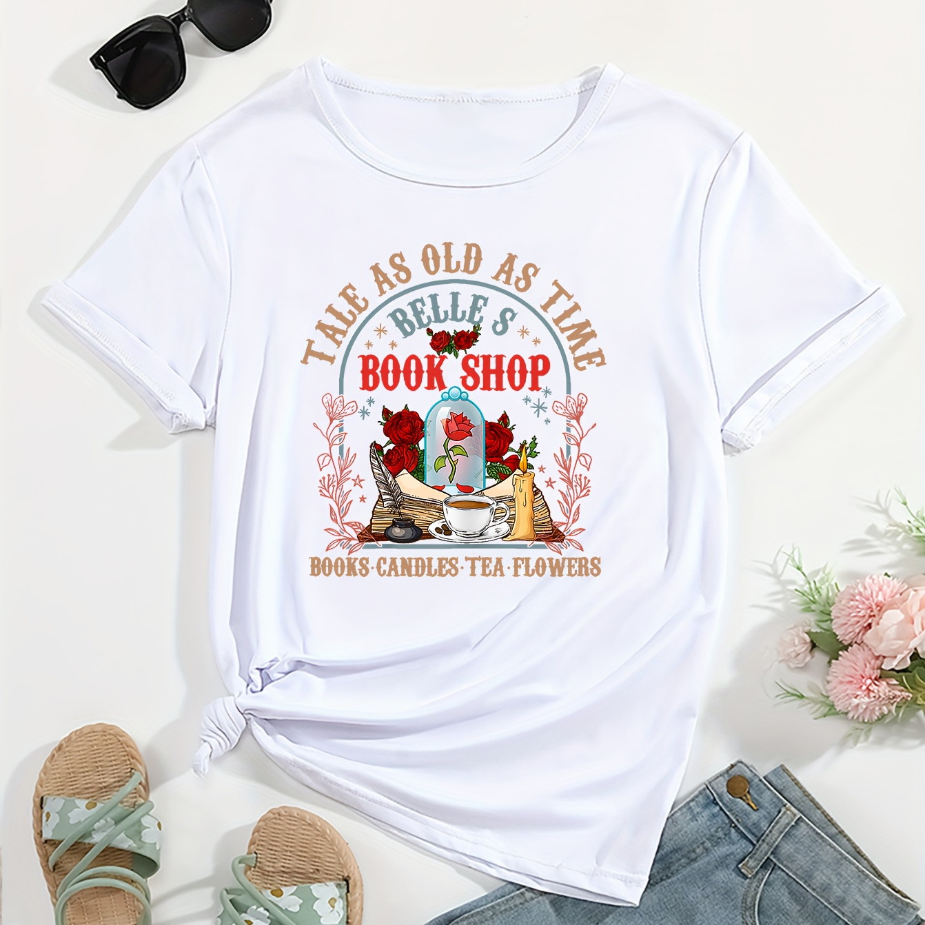 

Women's Casual T-shirt With "" Vintage Bookshop Print, Rose Graphic Tee, Comfort Fit Top With Short Sleeves