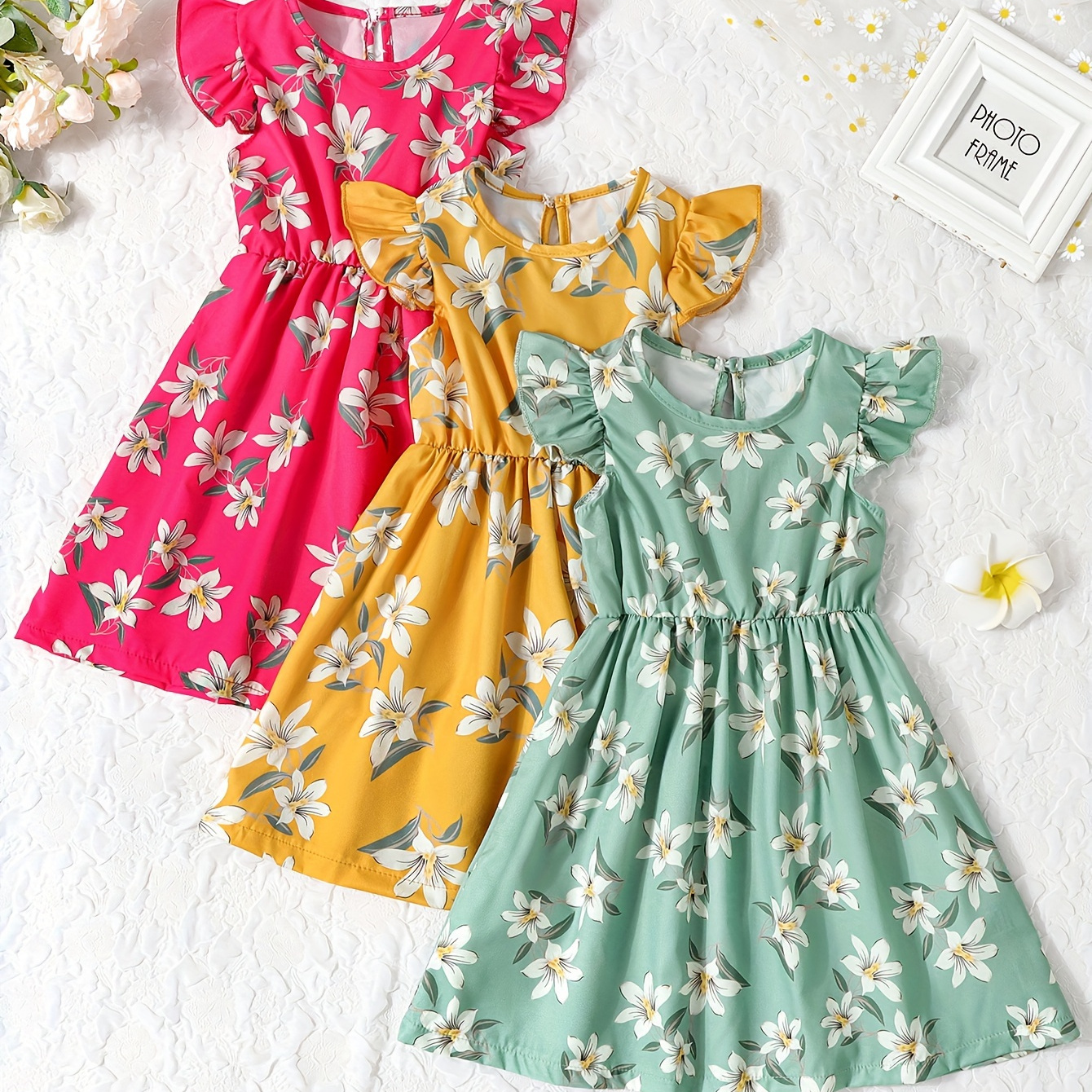 

3pcs Floral Dresses For Girls, Ruffle Sleeve A-line Vacation Casual Dresses