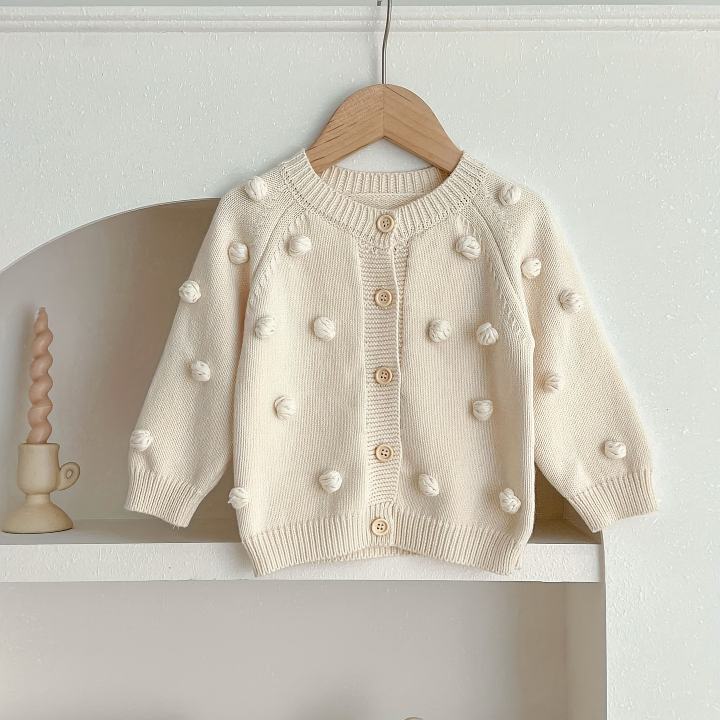 

Baby Kids Girls Long Sleeve 10% Cotton Casual Sweater Cardigan, Small Round Ball Solid Color Sweater Top For Spring And Autumn