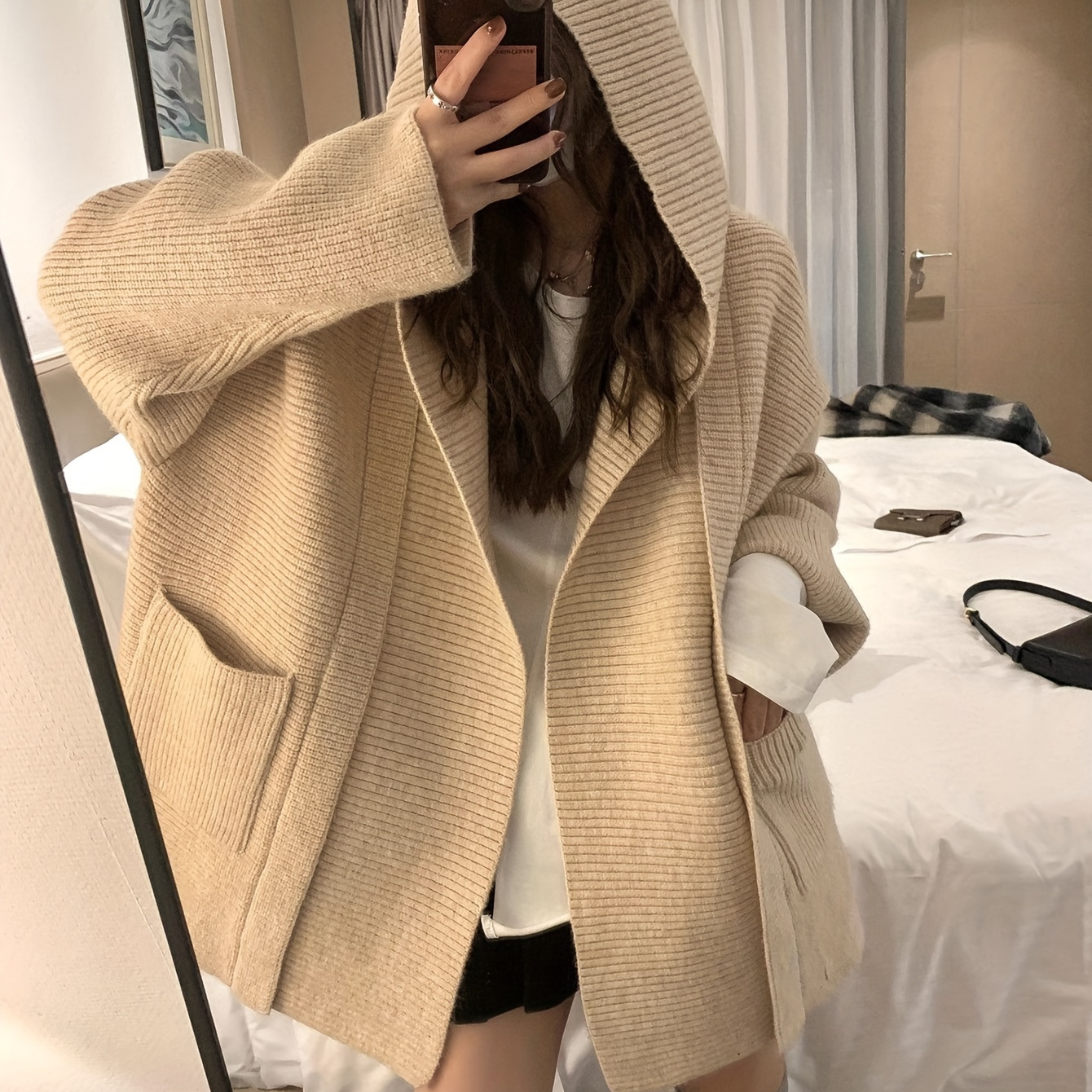 

Pull Cardigan Chic à Capuche Ouvert Devant pour Femme - Tissu Tricoté de Couleur Unie, Mélange de Polyester avec Acrylique et Polyamide, pour /Hiver