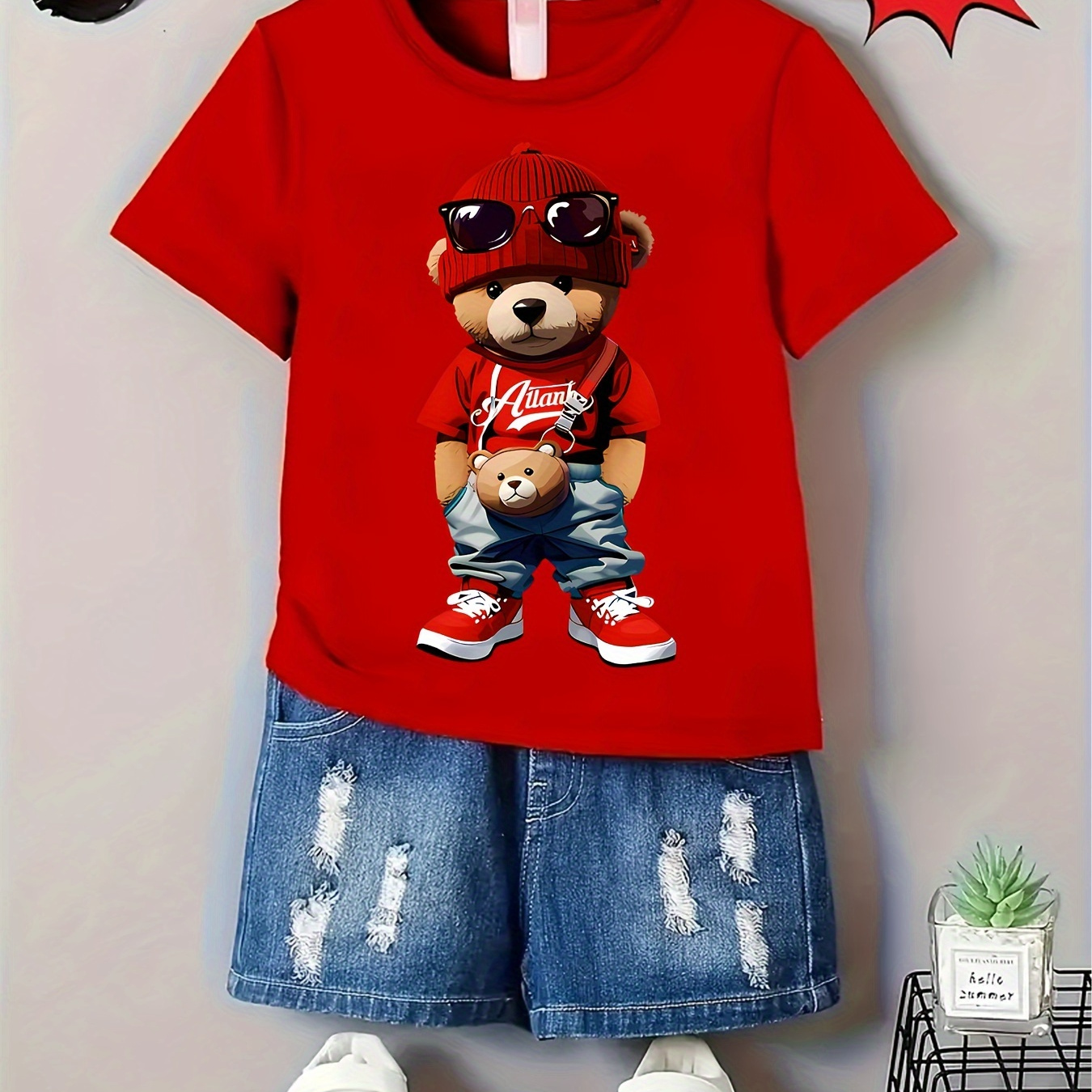 

Boys' Cool Hip-hop Bear Cartoon Print T-shirt - Soft Polyester , Round Neck Short Sleeve Tee For Summer Fun