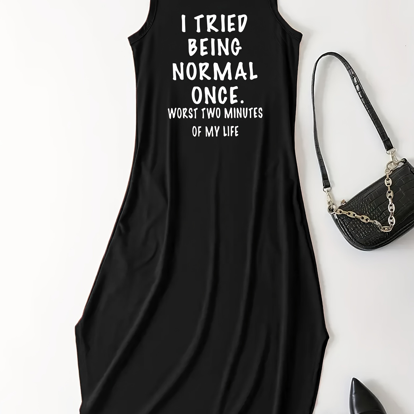 

Letter Print Dress, Casual Crew Neck Sleeveless Maxi Dress, Women's Clothing