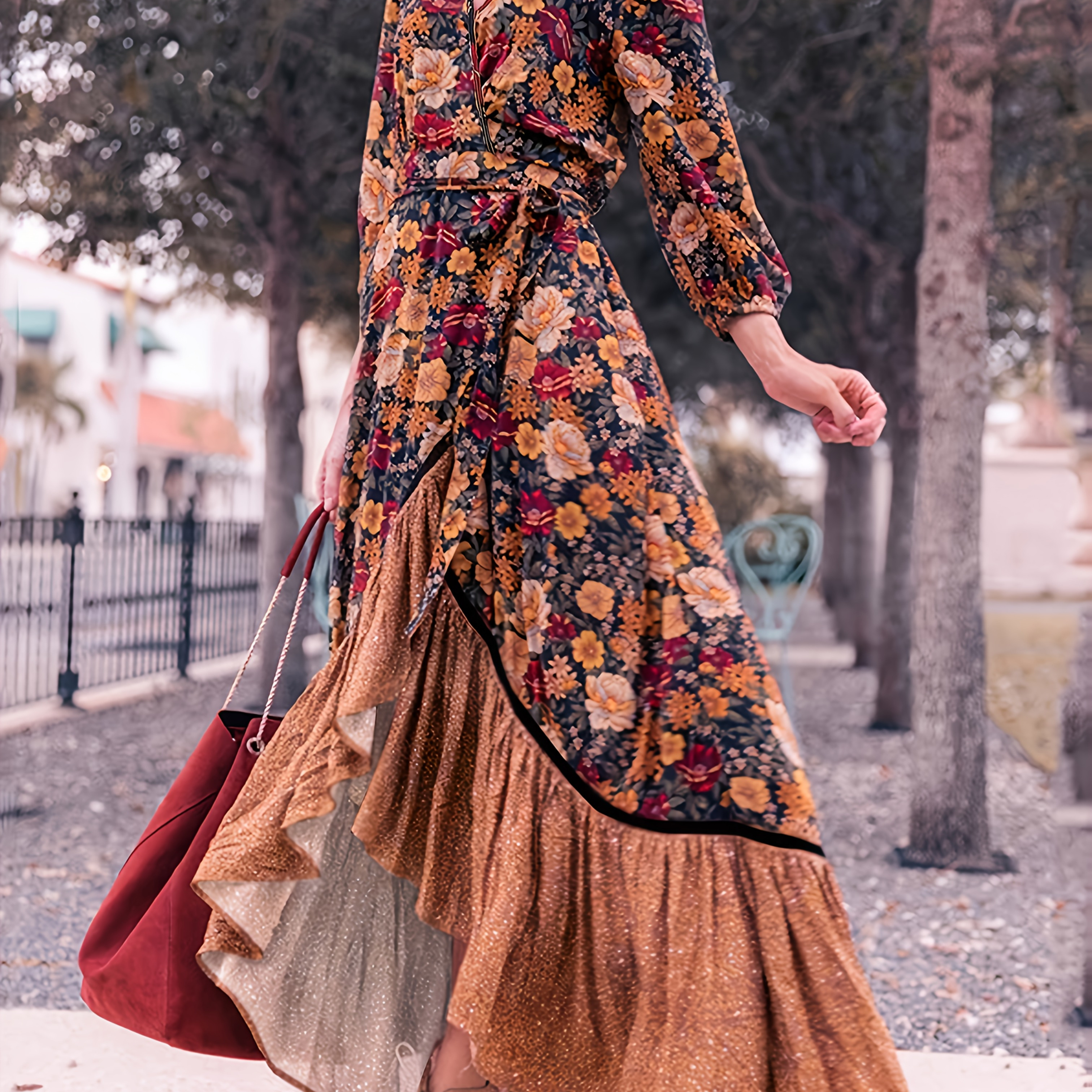

Robe Chic à Col en V avec Motif Floral, Taille Nouée & Ourlet à Volants - Mode Décontractée à Manches Longues pour Femme