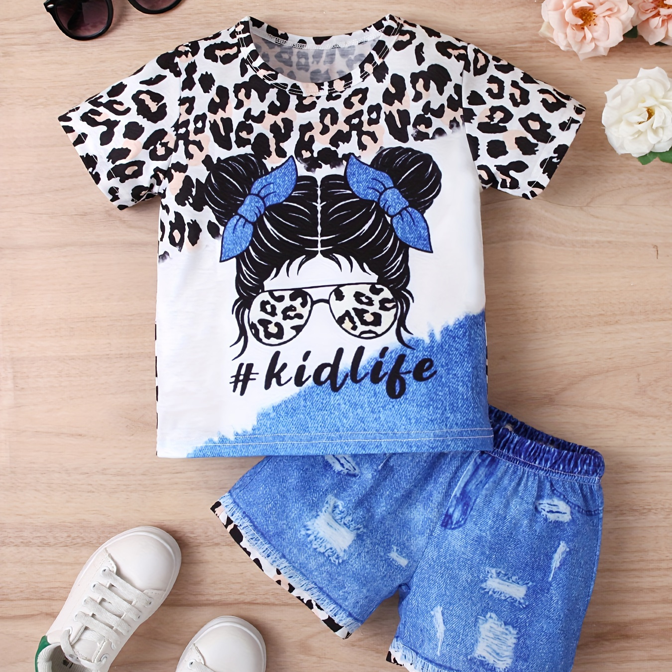 

Girls Two-piece Letter & Portrait Print Short Sleeve Top + Imitation Denim 3d Graphic Shorts Set For Summer