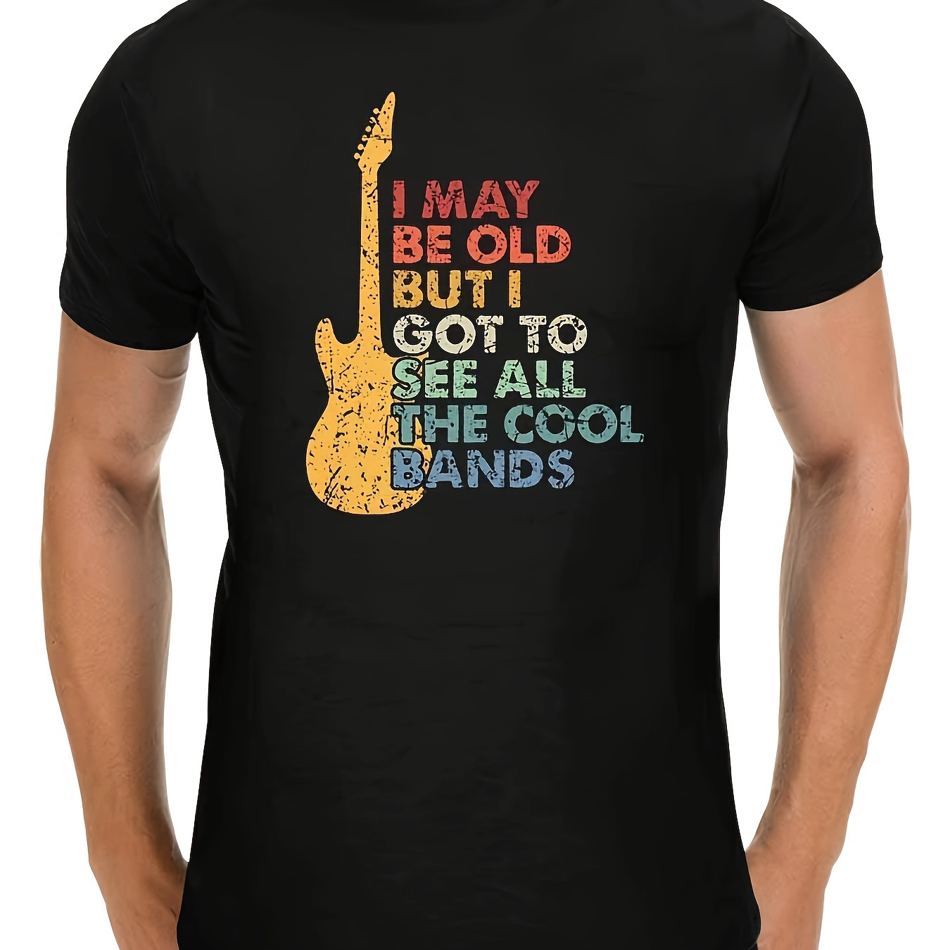 

Men's Retro Guitar Print Black Cotton T-shirt "i May Be Old But I Got To See All The Cool Bands" Vintage Rock N' Roll Style