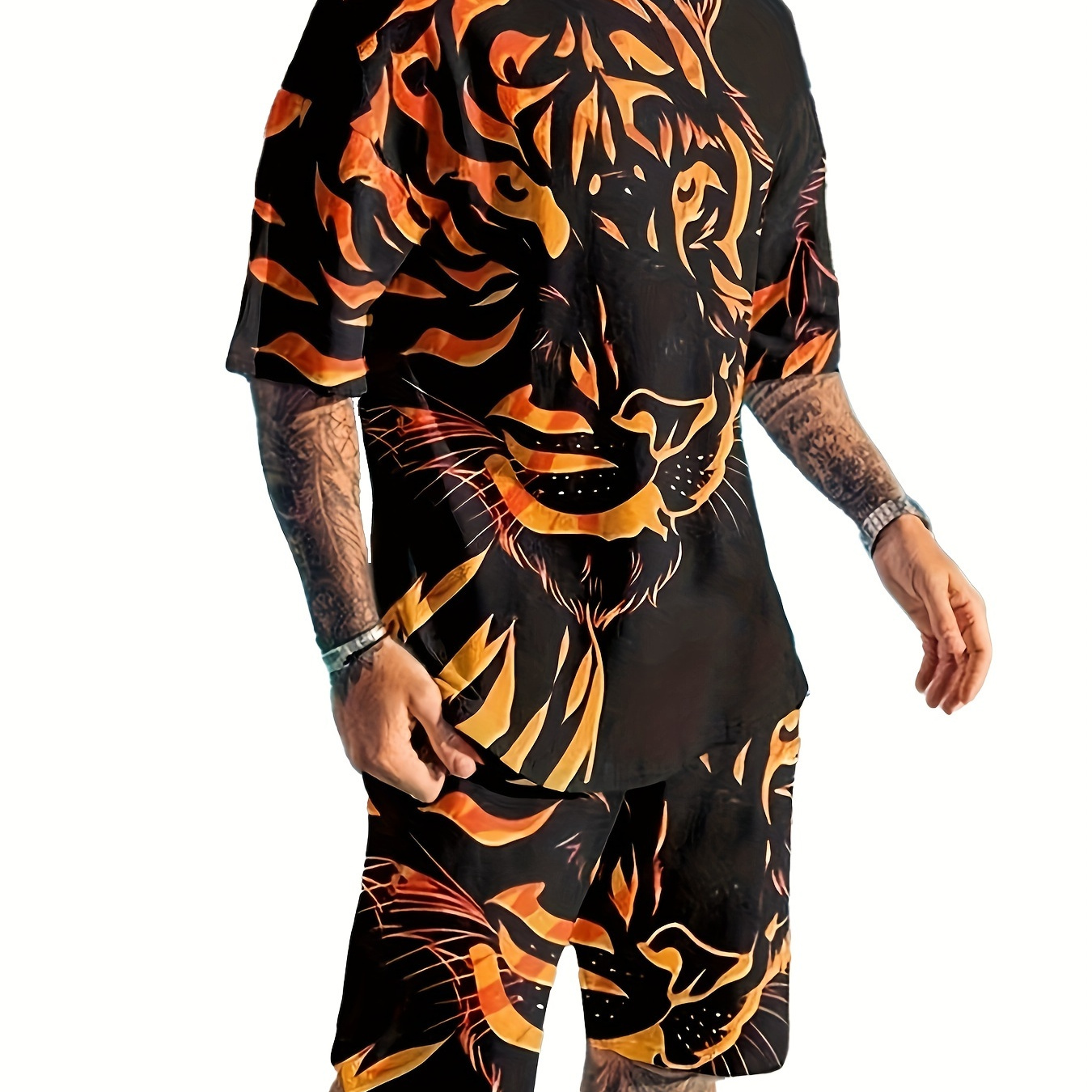 

Cool Tiger Print Men's Fashion Loungewear Set, Short Sleeve Crew Neck Graphic T Shirt Top & Drawstring Waist Shorts Pajamas Set, 2pcs Men's Daily Casual Sports Outfits Tracksuit For Summer