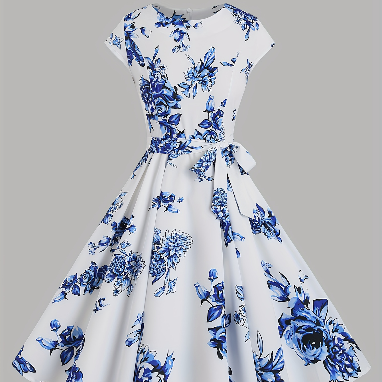 

Chinoiserie Floral Print Dress, Elegant Crew Neck Short Sleeve Tie Waist Dress For Spring & Summer, Women's Clothing For Elegant Dressing
