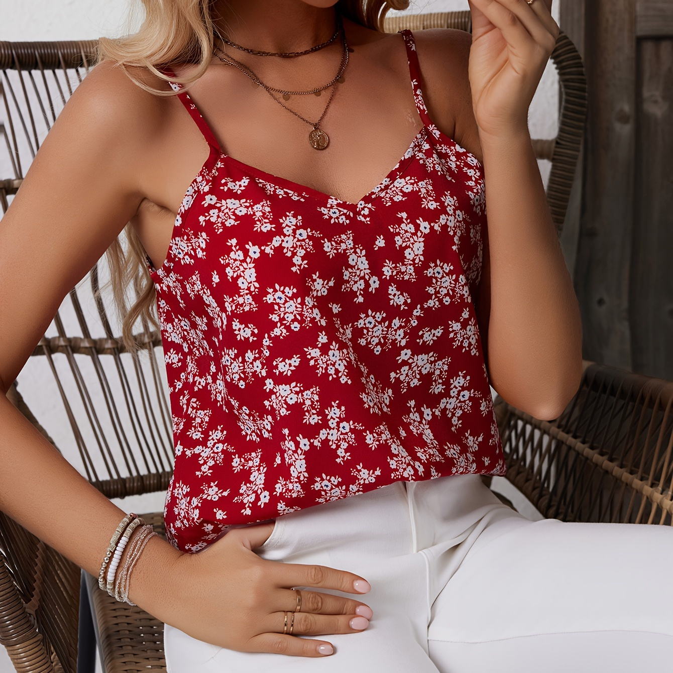 

Floral Print Cami Top, Elegant Sleeveless Spaghetti Strap Top For Spring & Summer, Women's Clothing