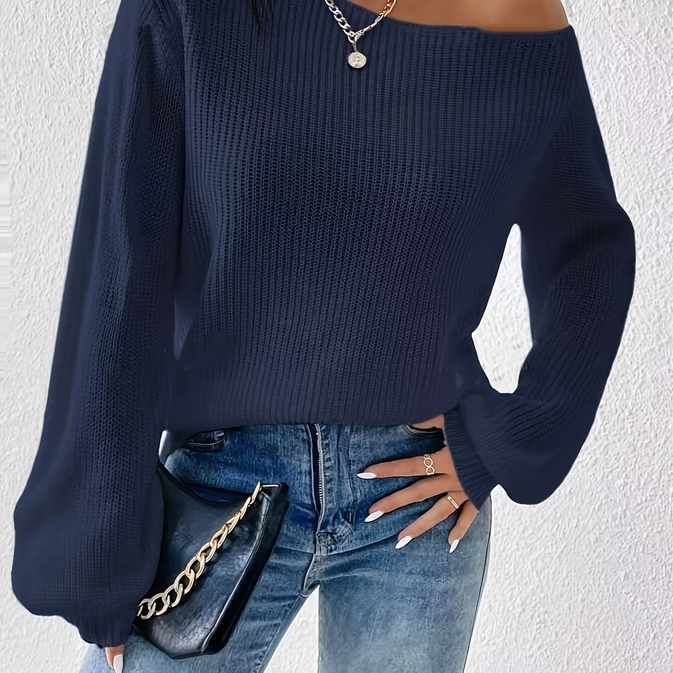 

Solid Color Cold Shoulder Pullover Sweater, Vacation Long Sleeve Knitted Sweater For Fall & Spring, Women's Clothing