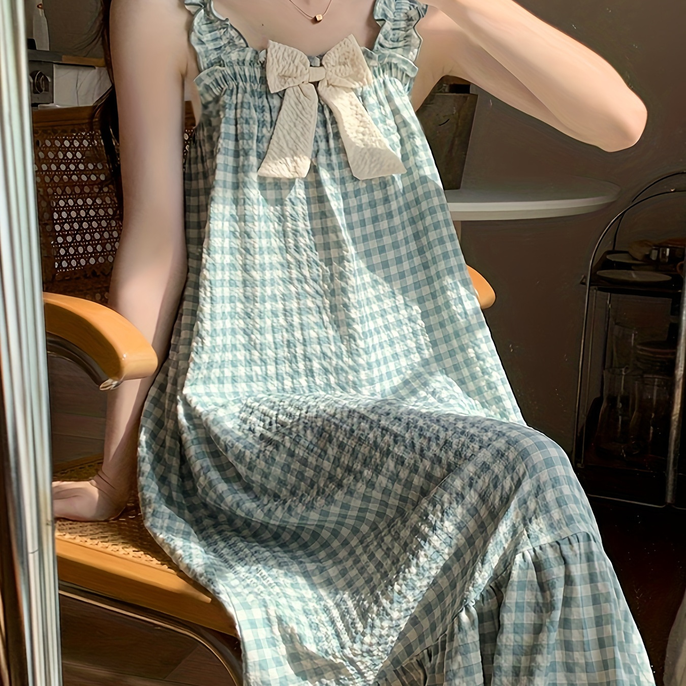 

Women's Plaid Print Sweet Tassel Trim Textured Sleepwear Dress, Bow Decor Square Neck Loose Fit Midi Slip Dress, Comfortable Nightgown