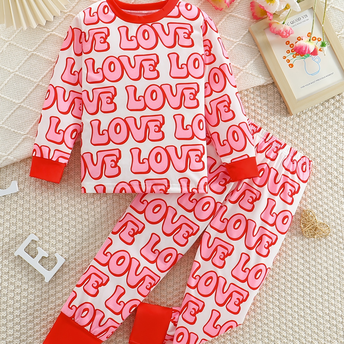 

Girls' Valentine's Day Print Clothing Set - Long Sleeve & Pants, Flame-resistant Fabric, Machine Washable