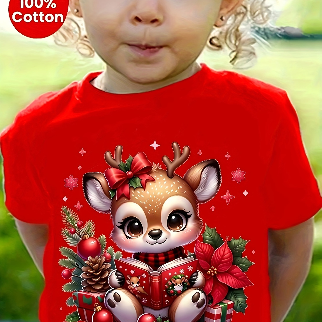 

Actflash Cartoon Christmas Deer Pattern Kids' Casual Short Sleeve T-shirt, Round Neck, Cotton, Suitable For Children Under 12