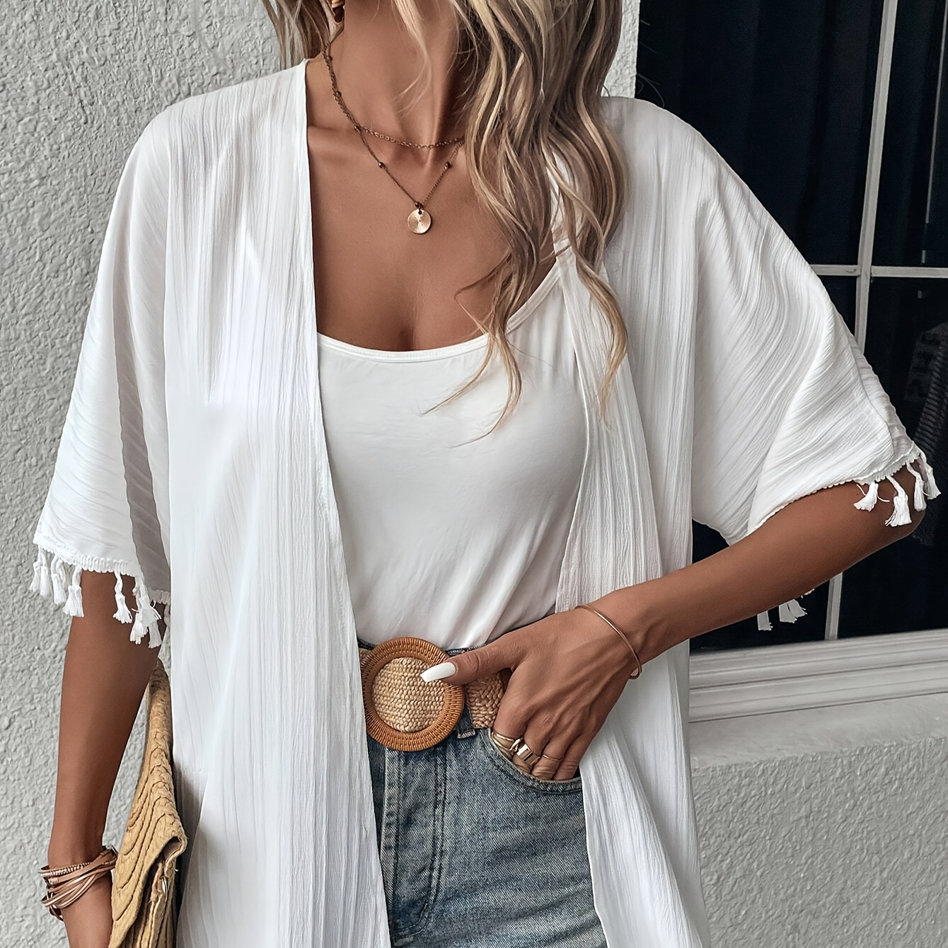 

Tassel Decor Open Front Blouse, Vacation Style Half Sleeve Cover Up Outwear For Spring & Summer, Women's Clothing