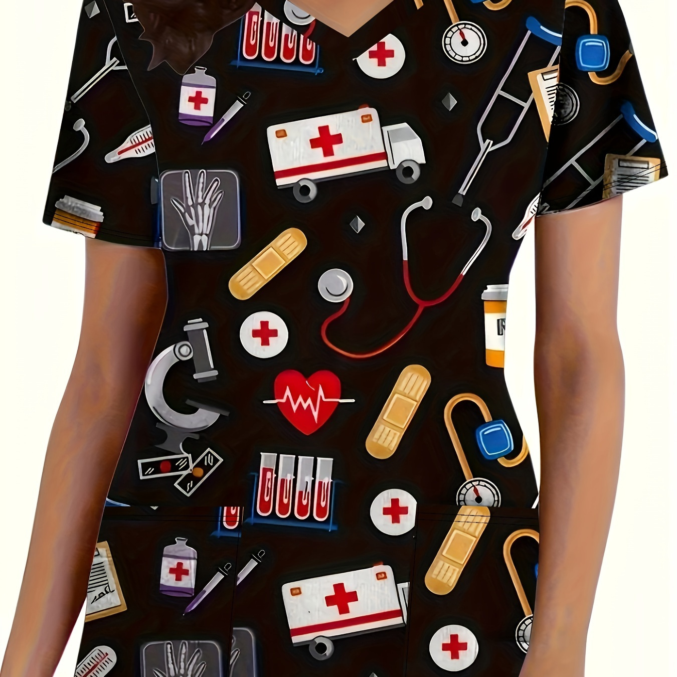 

Women's V-neck Nurse Scrub Top - Casual Polyester, Machine Washable With Geometric Print For Spring/summer/fall