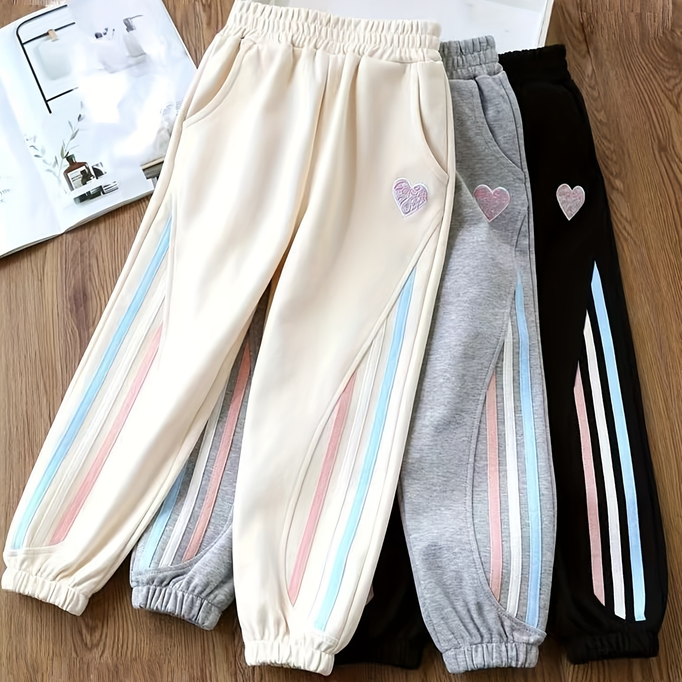 

3pcs, Comfy Versatile Heart Embroidery Elastic Waist Jogger Pants Set Comfy Activewear Pants For Outdoor Sports Running Gift