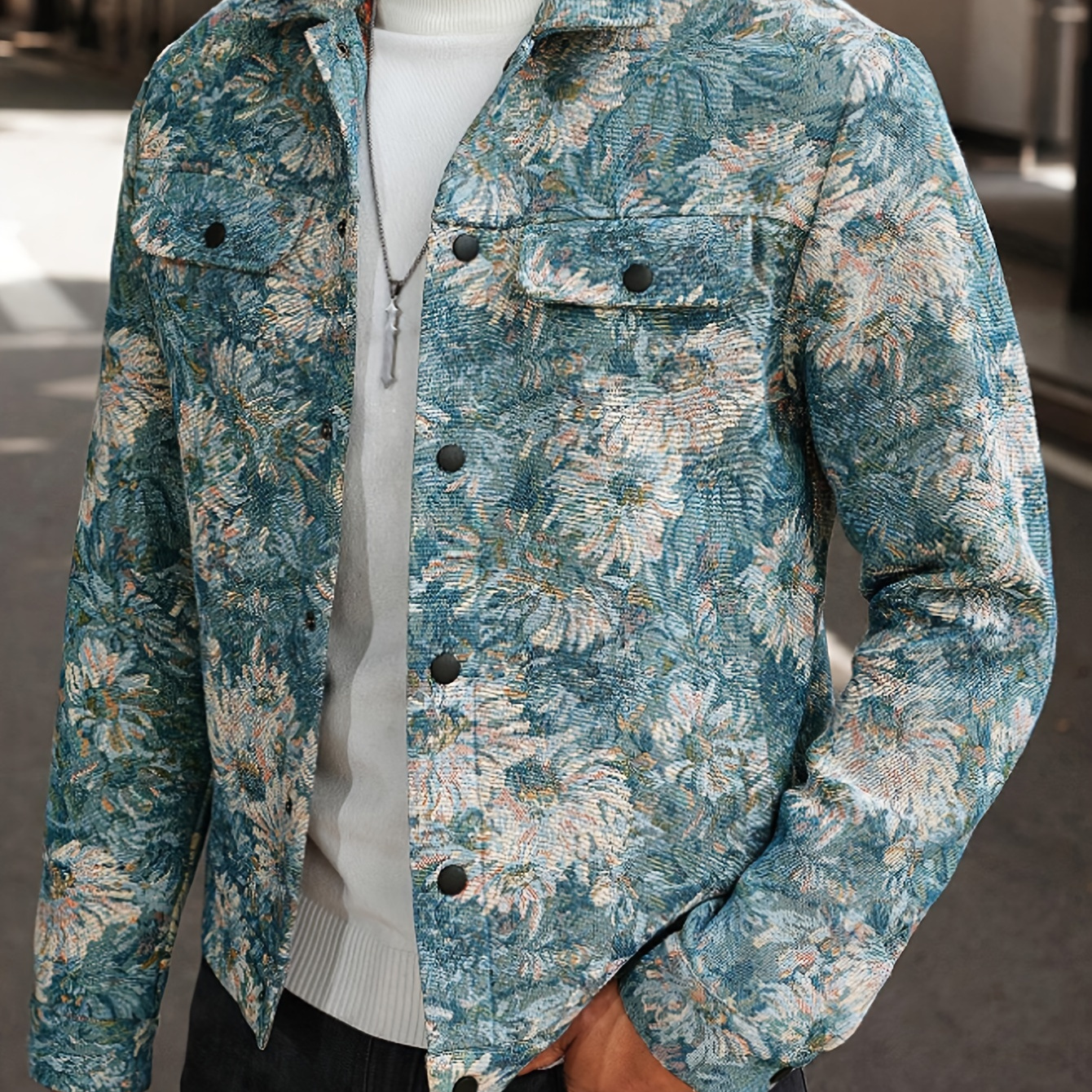 

Men's Trendy Chamomile Floral Print Jacket - Casual & , Button-up Collar, Fall