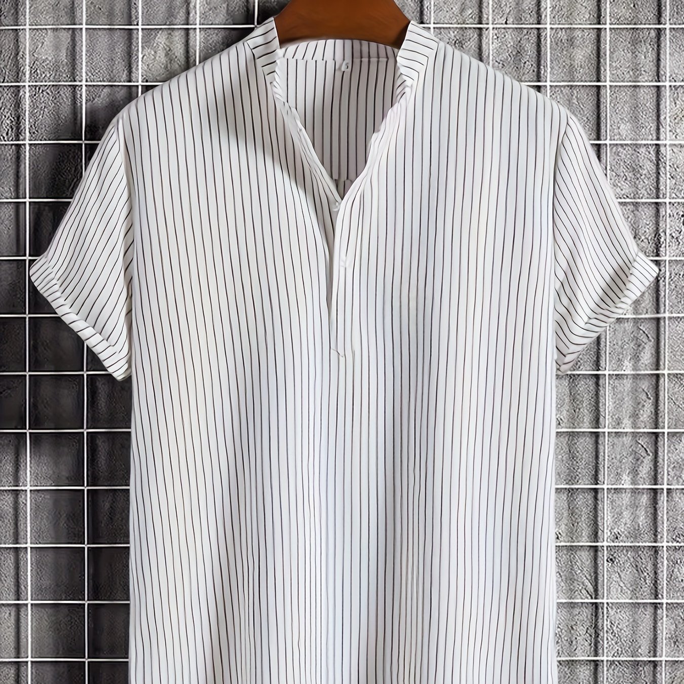 

Retro Stripe Print Men's Short Sleeve Shirt With Stand Collar, Summer Outdoor Holiday