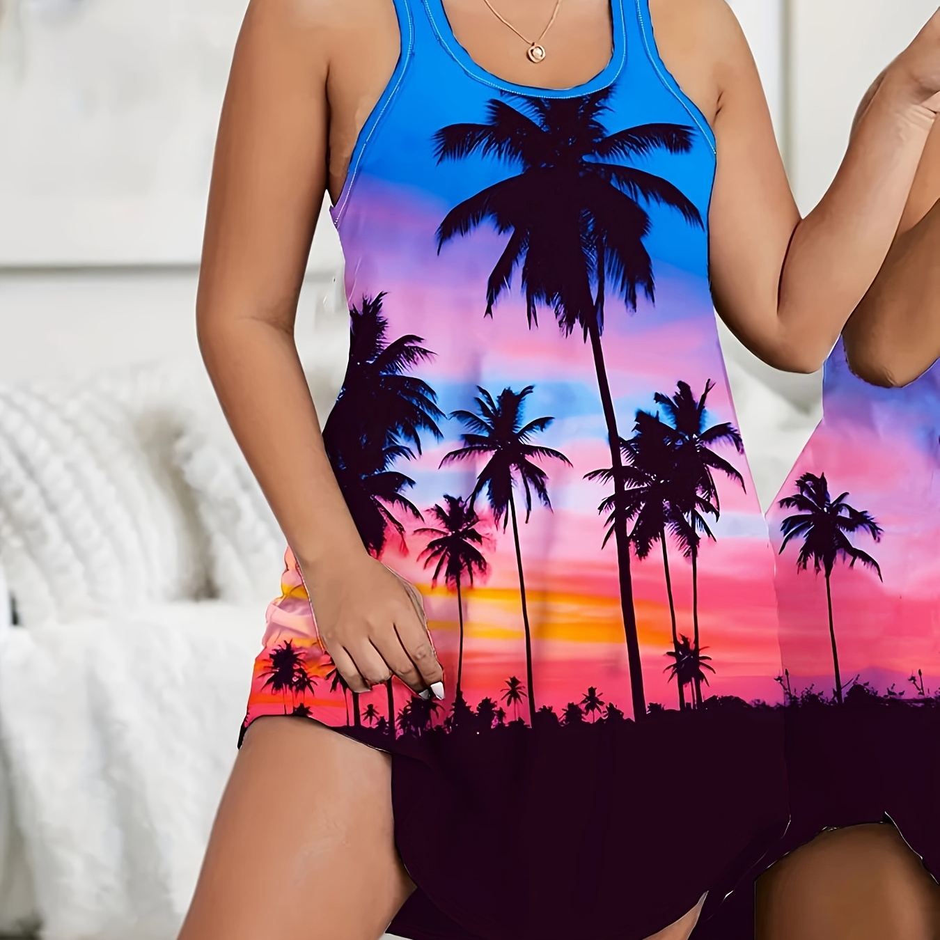 

Women's Plus Casual Sleep Dress, Plus Size Coconut Tree Painting Print Racer Back Tank Nightdress