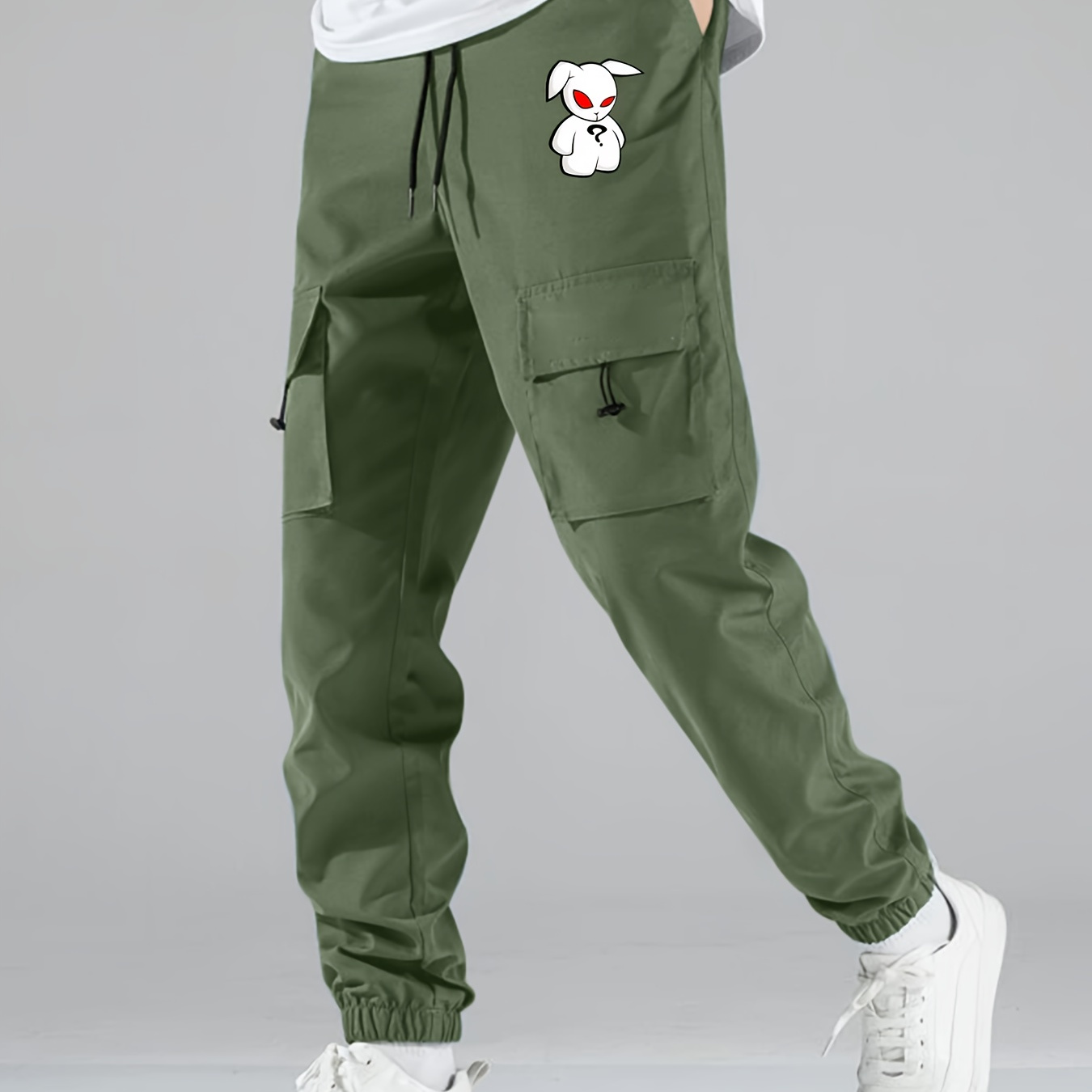 

Rabbit Print, Classic Design Multi Flap Pockets Cargo Pants, Men's Loose Fit Drawstring Cargo Pants, For Skateboarding, Street, Outdoor Camping