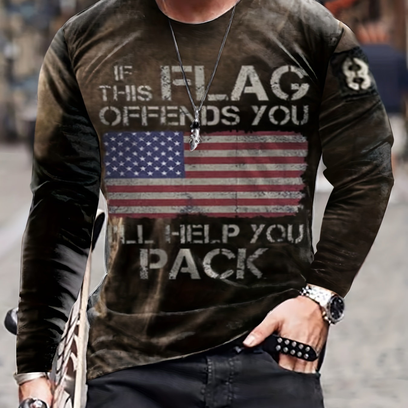 Flag Print, Men's Long Sleeve Novelty Vintage T-shirt, Stylish Tees For Autumn, Mens Clothing