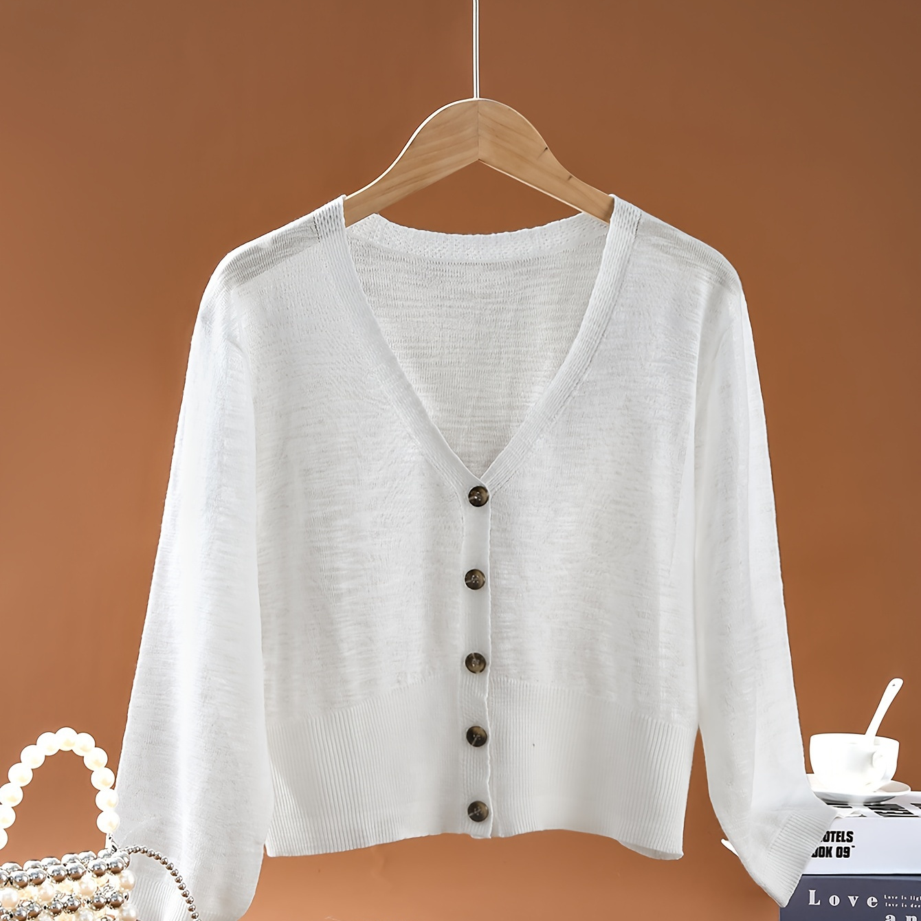

Solid Color Button Front Knitted Cardigan, Casual 3/4 Sleeve Cardigan For Spring & Summer, Women's Clothing