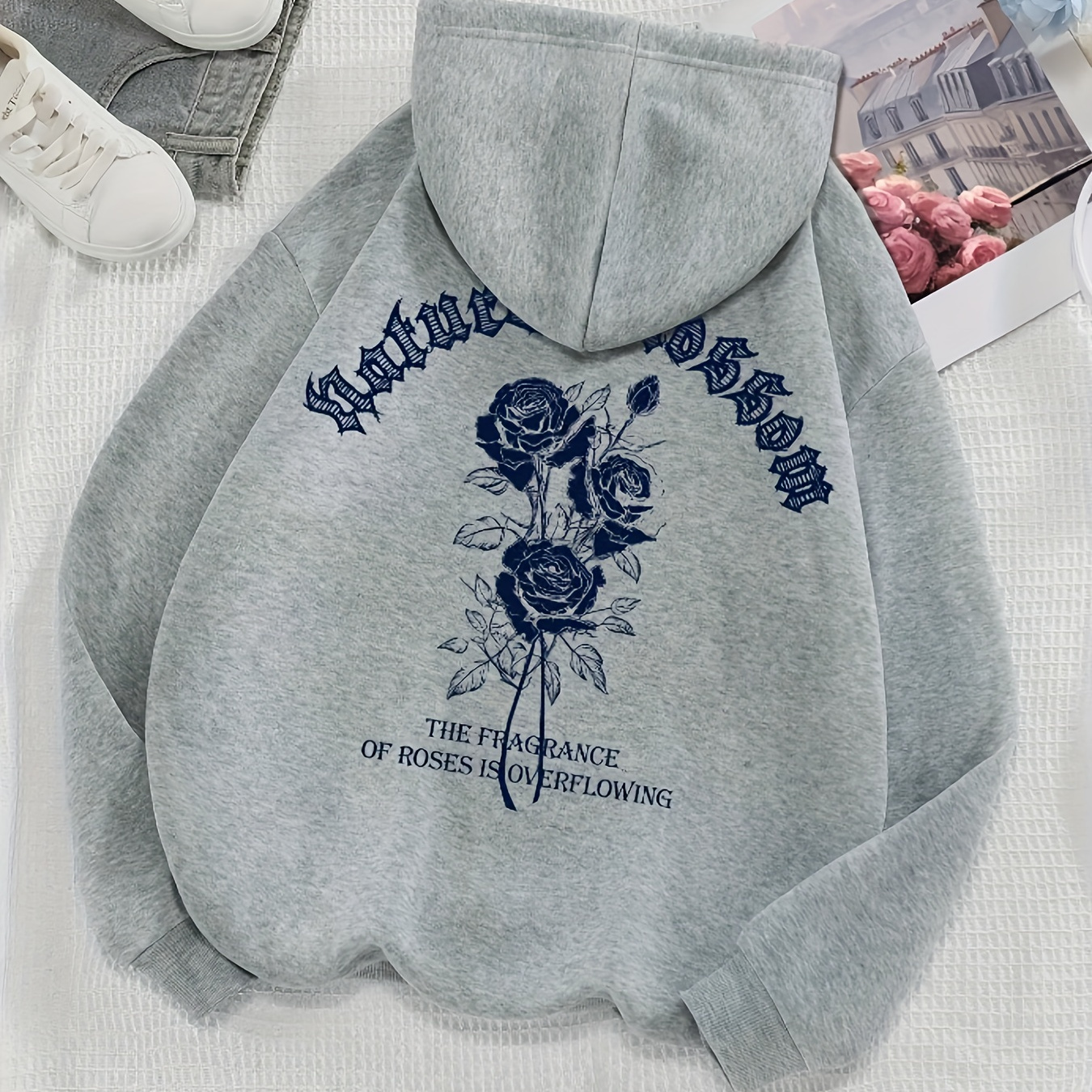 

Letter & Floral Print Hoodie, Drawstring Casual Hooded Sweatshirt For Winter & Fall, Women's Clothing